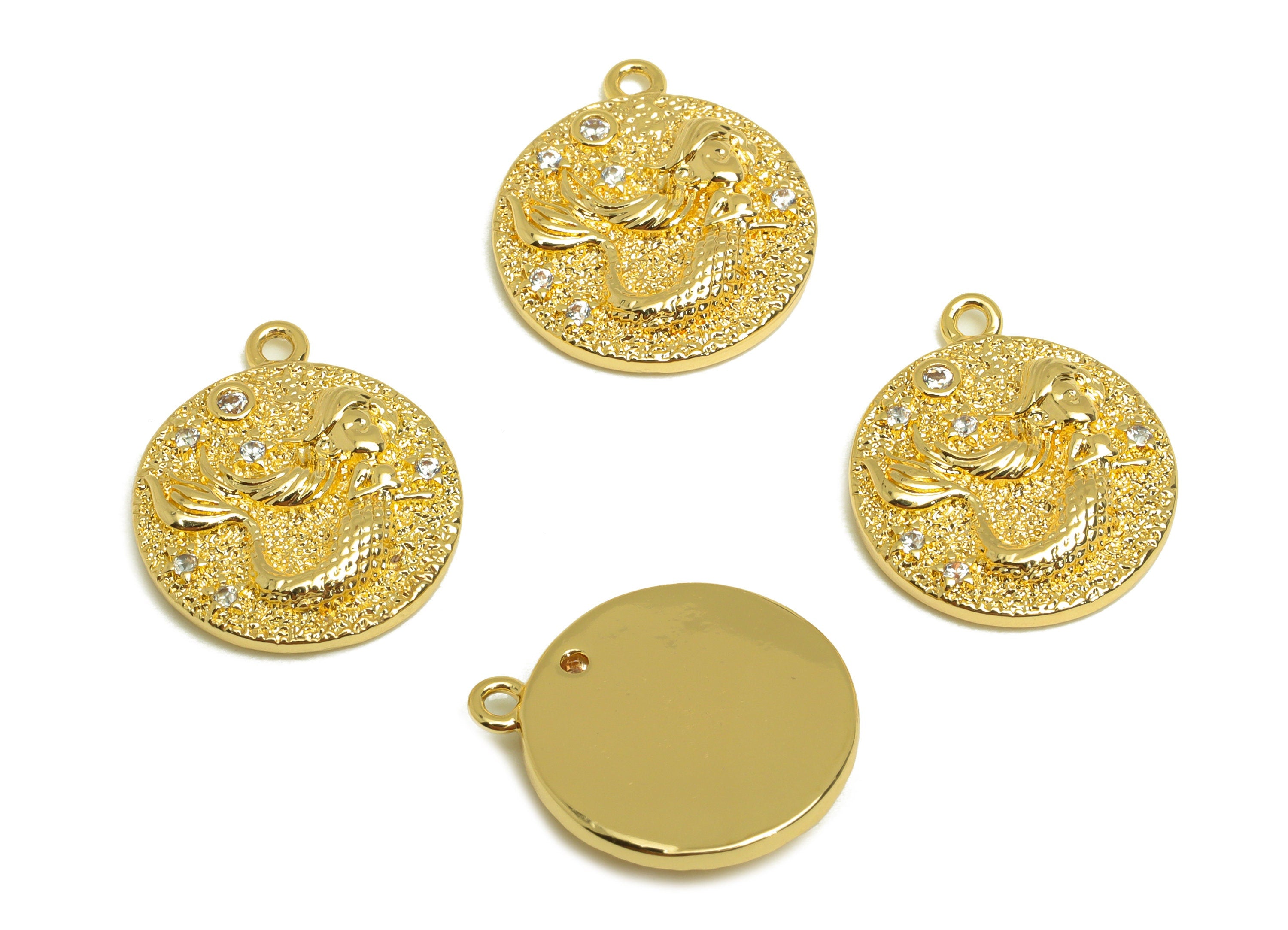 Brass Mermaid Earring Charm - Brass Cubic Zircon Earring Charm - Ocean Princess Earring Charm - 18K Real Gold Plating - 17x14x2mm - RGP6871 - DOMEDBAZAAR