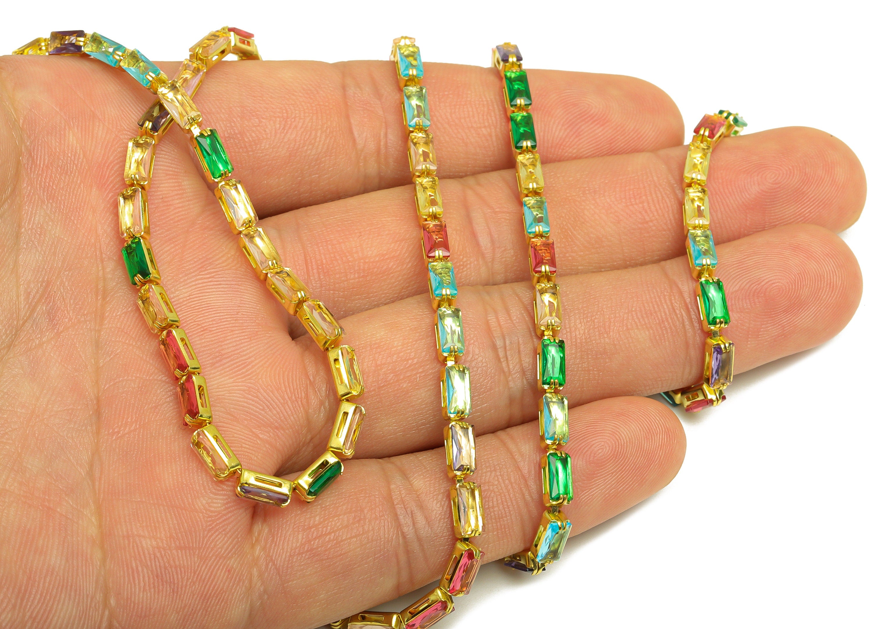 3*6mm Rectangular Zircon Chain - Raw Brass Mix Color Cubic Zircon Bracelet Chain - Rainbow CZ Oblique Claw Chain - 3x6mm - RGP6915 - DOMEDBAZAAR