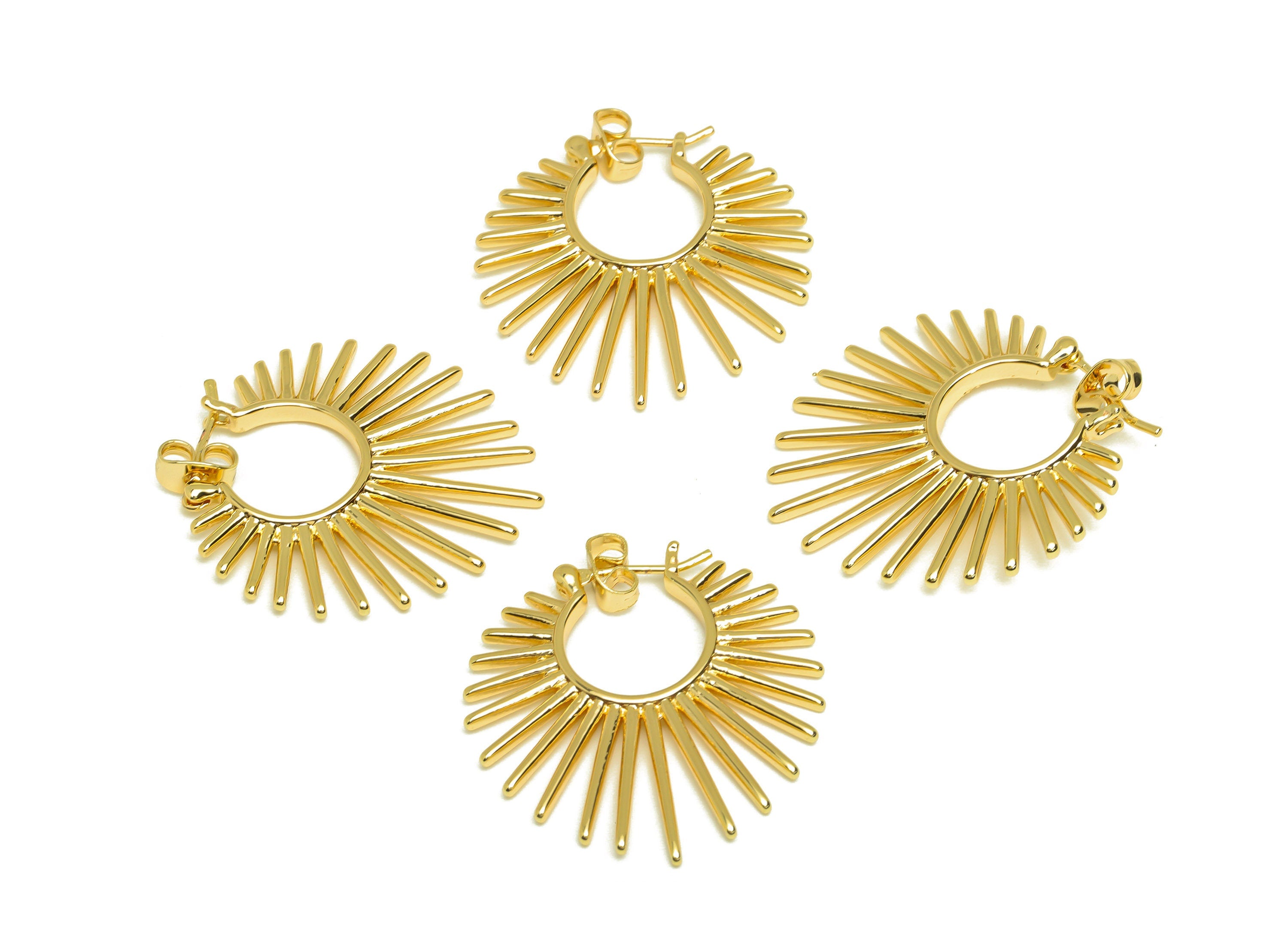 Brass Sun Hoop Earring - Brass Sunshine Hinged Lock Earring - Brass Stick Hoop Earring - 18K Real Gold Plating - 43x14x1.93mm- RGP6807 - DOMEDBAZAAR