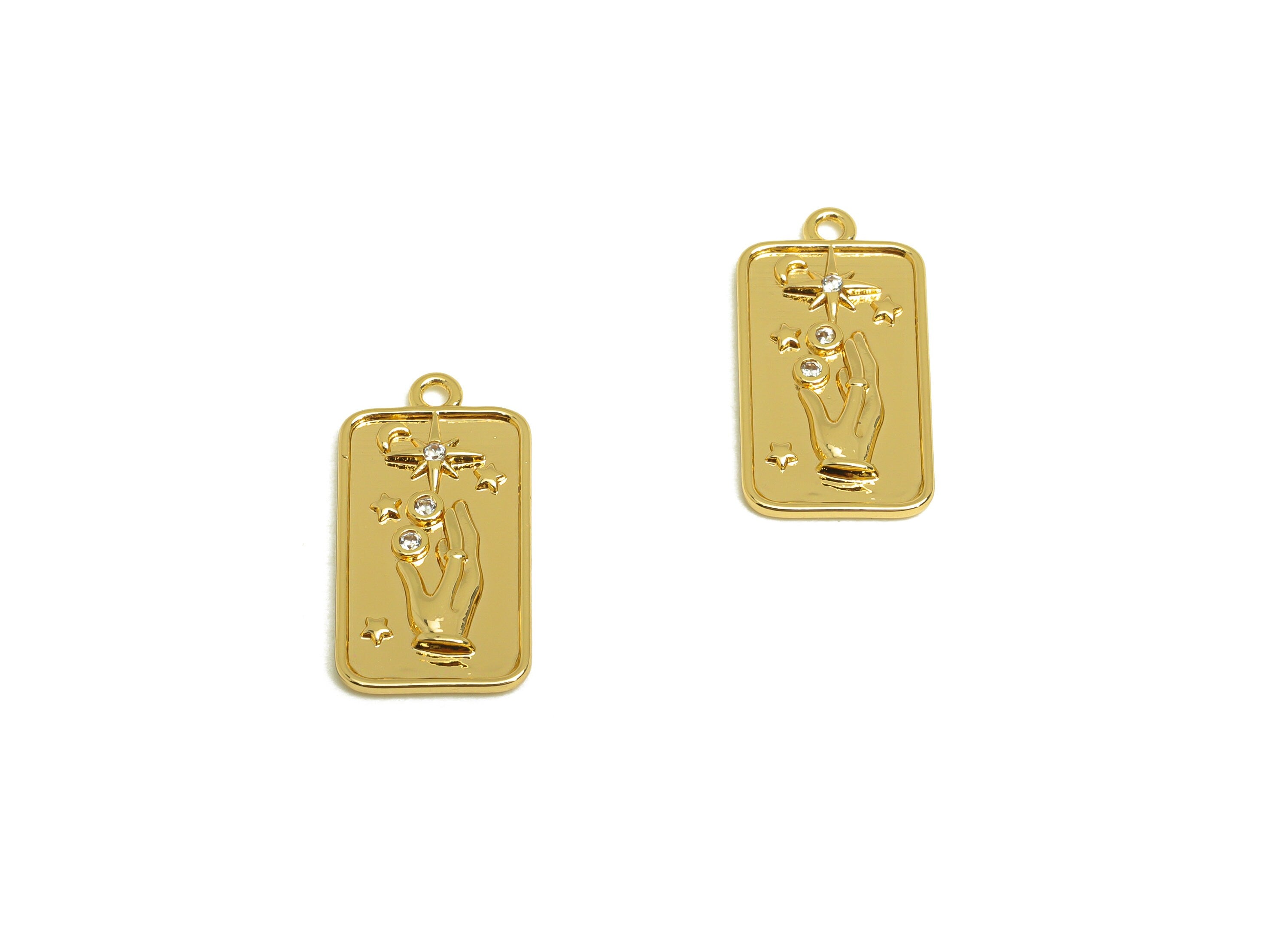 Brass Hand Earring Charm - Brass Cubic Zircon Earring Charm - Crescent Star Earring Charm - 18K Real Gold Plating - 19x10x1.74mm - RGP6899 - DOMEDBAZAAR