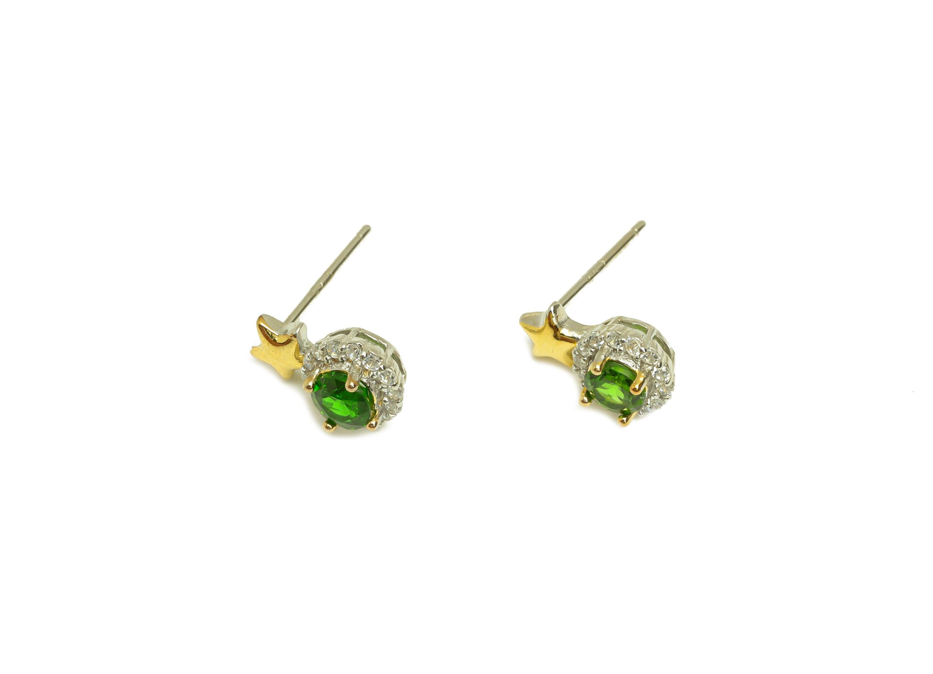 Diopside Earring Stud - Round Cubic Zircon Green Earring Post - Silver Star Earring Post - Diopside Round Earring Post - 11x6x1mm - RGP7228 - DOMEDBAZAAR