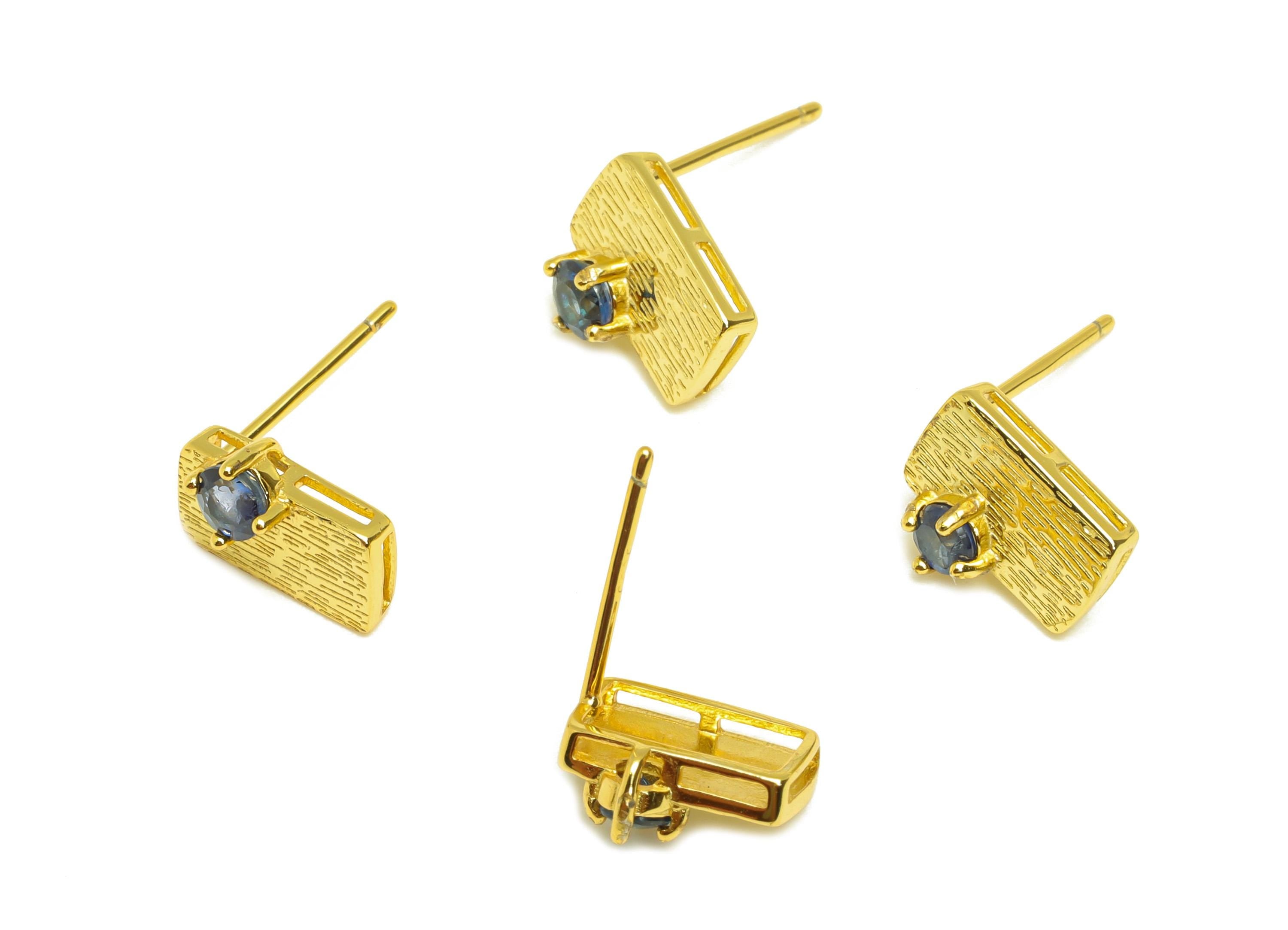 Saphire Earring Stud - Textured Rectangle Saphire Earring Post - Silver Earring Post - 18K Real Gold Plating Silver Post - 9x7x0.7mm-RGP7218 - DOMEDBAZAAR