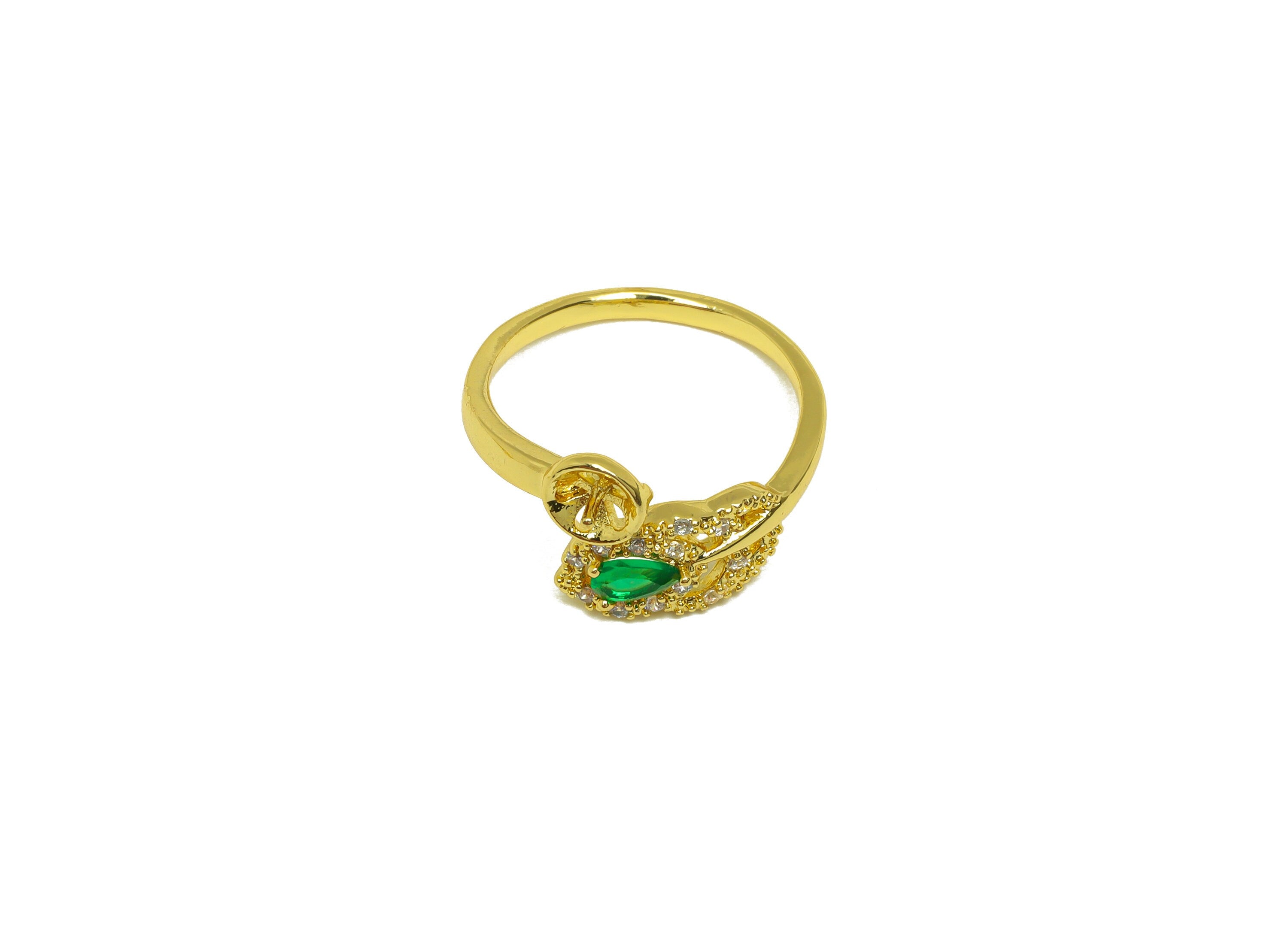 Brass Adjustable Ring - Brass Green Cubic Zircon Leaf Ring Settings - Brass Drop Open Ring - 18K Real Gold Plating - 21x12x1mm - RGP7007 - DOMEDBAZAAR