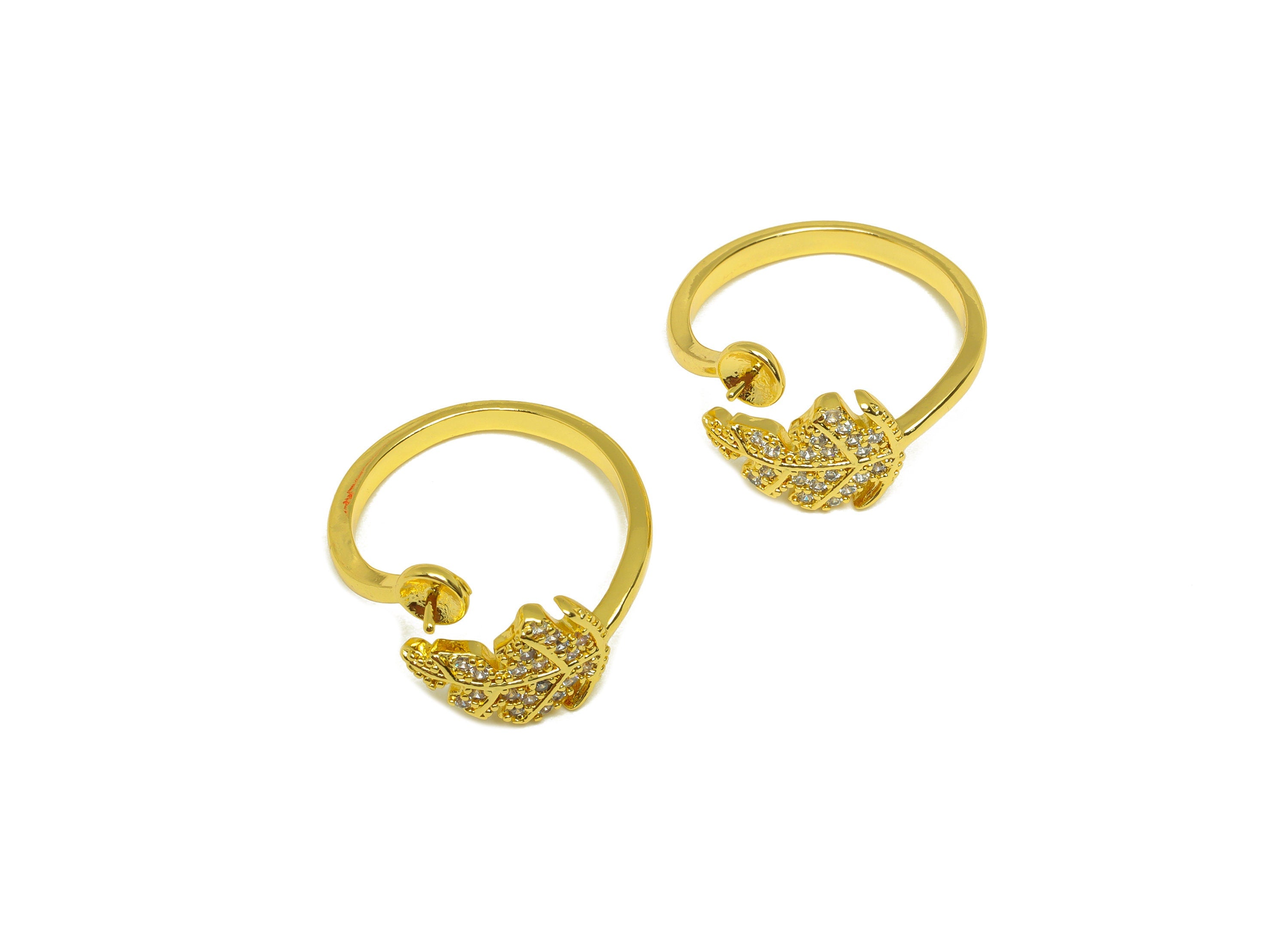 Brass Adjustable Ring - Brass Leaf Ring Settings - Brass Rings For Pearl - Cubic Zircon Open Ring - 18K Real Gold Plating - 21x9x2mm-RGP7001 - DOMEDBAZAAR