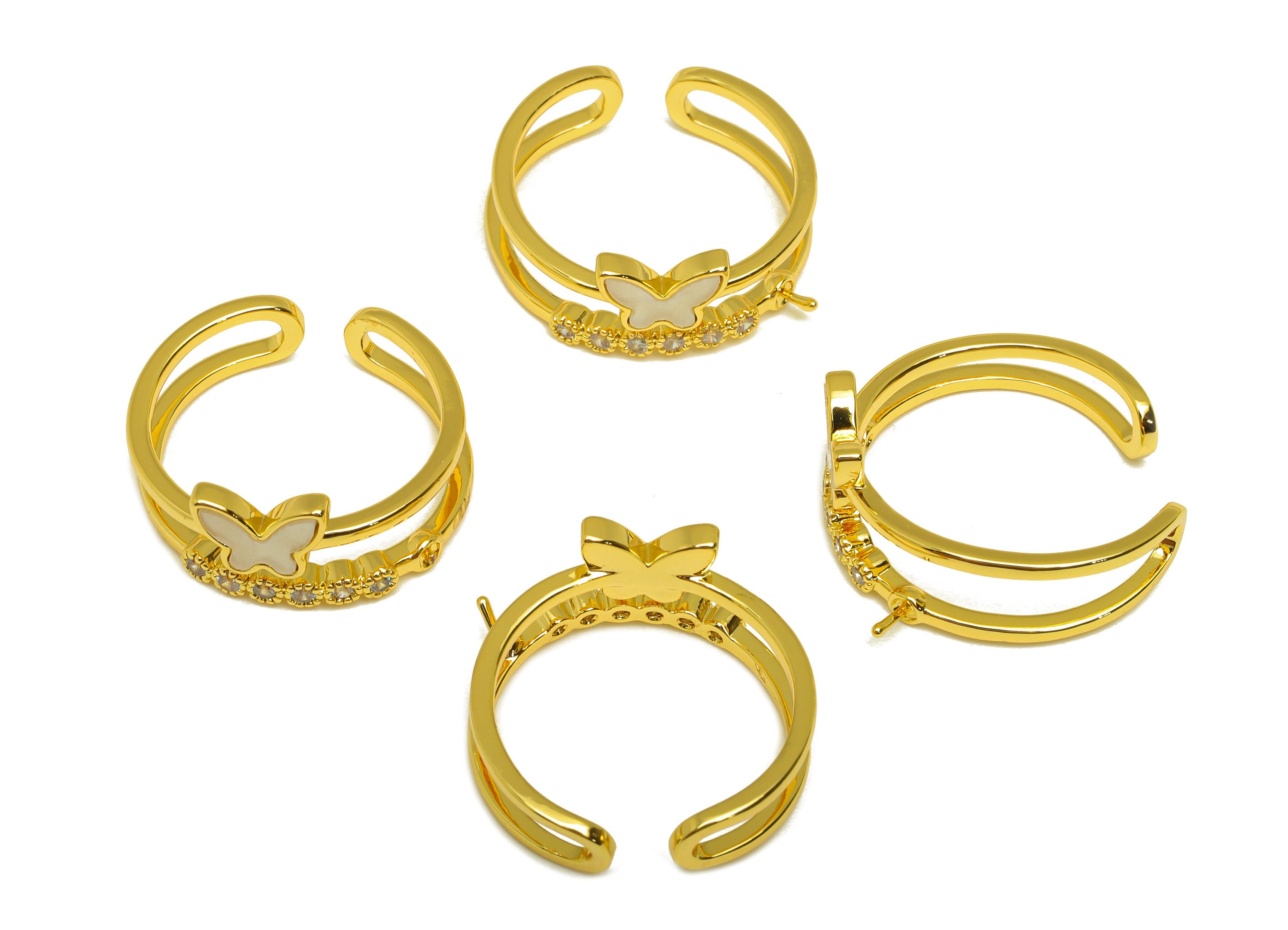 Brass CZ Ring - Brass Butterfly Ring Setting - Brass Mother Of Pearl Ring - Zircon Open Ring - 18K Real Gold Plating - 22x11.6x2mm - RGP6989 - DOMEDBAZAAR