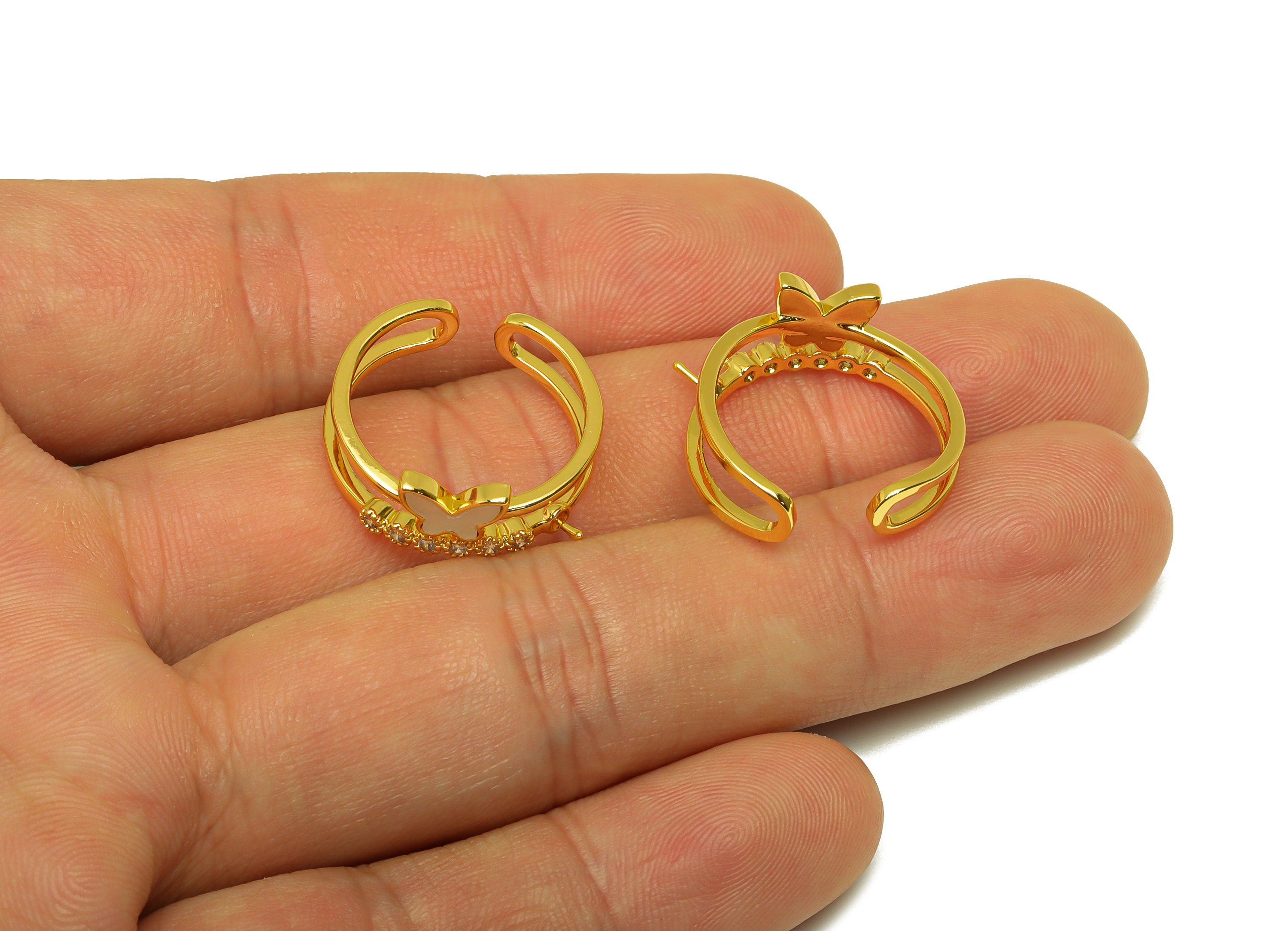 Brass CZ Ring - Brass Butterfly Ring Setting - Brass Mother Of Pearl Ring - Zircon Open Ring - 18K Real Gold Plating - 22x11.6x2mm - RGP6989 - DOMEDBAZAAR