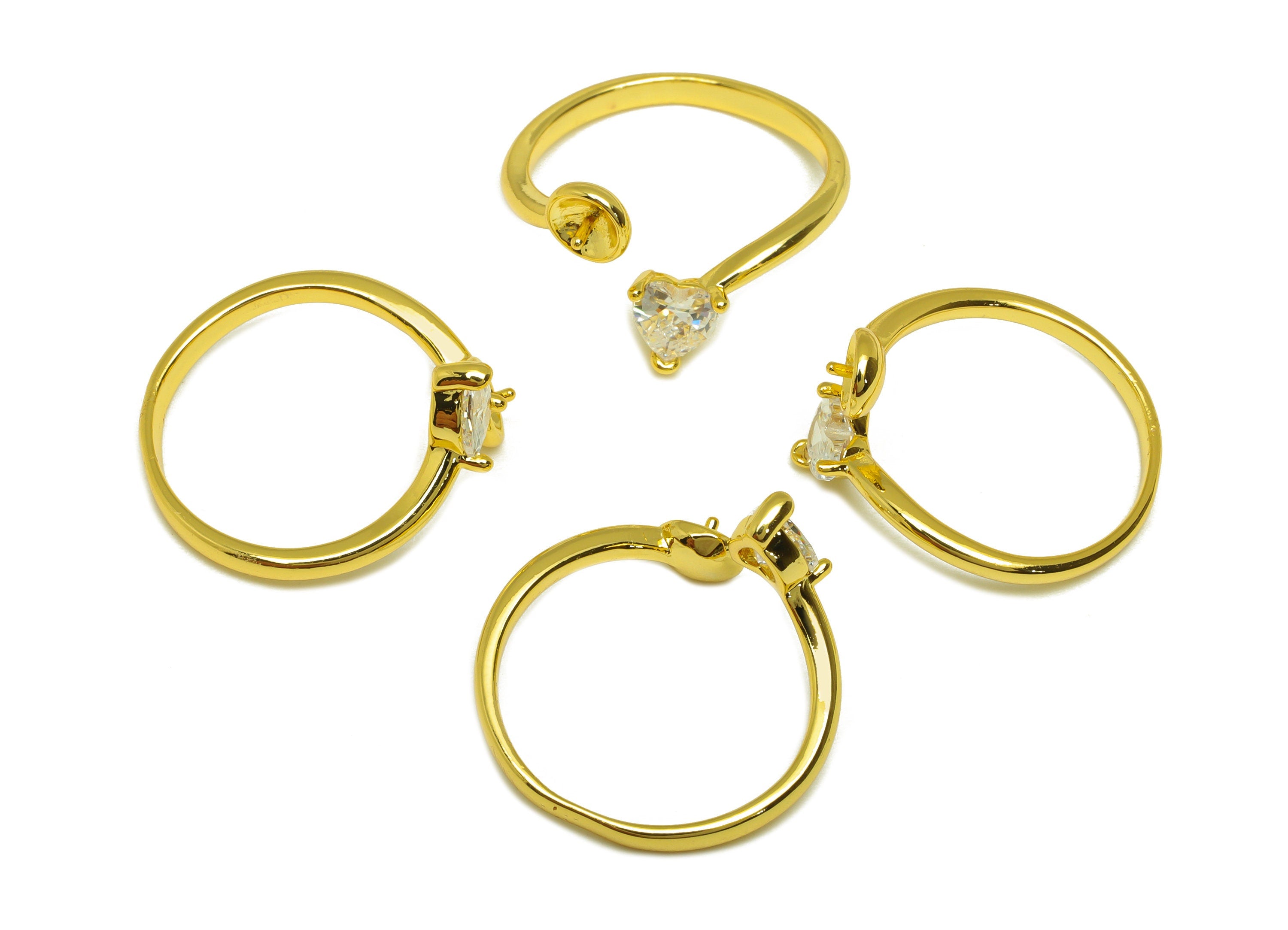 Brass CZ Ring - Brass Heart Open Ring - Brass Heart Rings For Pearl - Zircon Open Ring - 18K Real Gold Plating - 21x12x2.17mm - RGP7023 - DOMEDBAZAAR