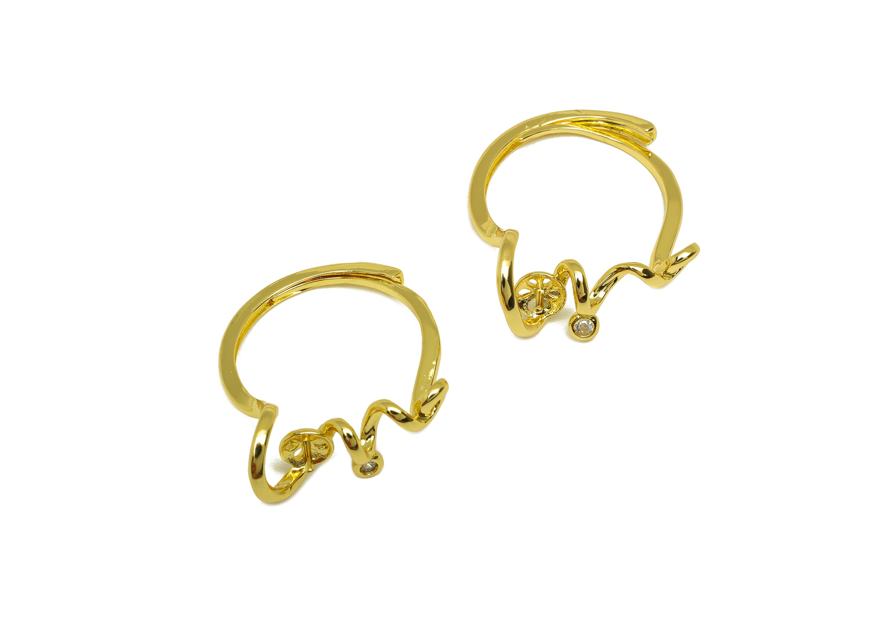 Brass CZ Ring - Brass Spiral Wire Ring - Brass Rings For Pearl - Cubic Zircon Adjustable Ring - 18K Real Gold Plating - 28x9x1.8mm - RGP6996 - DOMEDBAZAAR