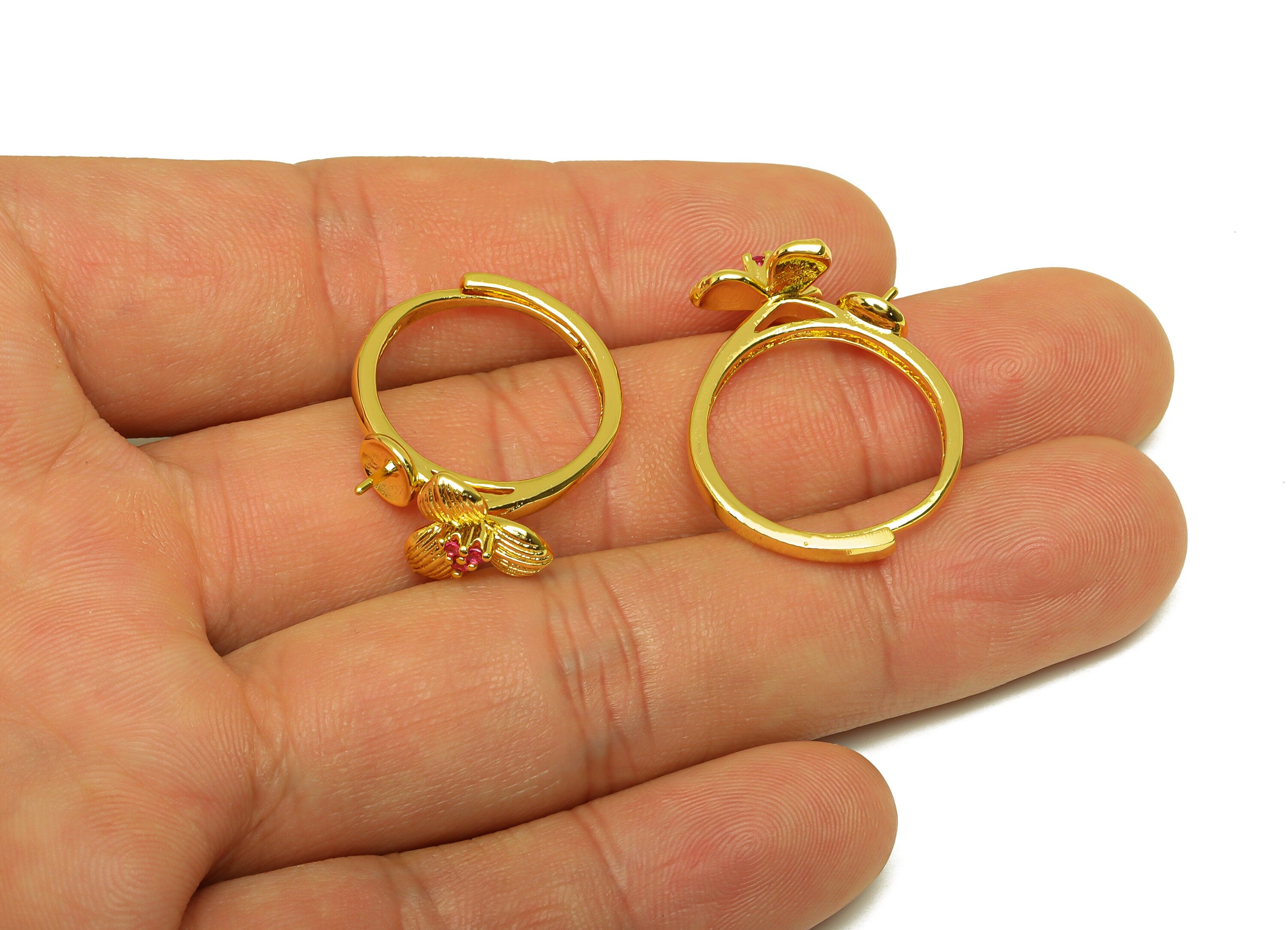 Brass Flower Ring - Brass Textured Flower Ring - Brass Rings For Pearl - Zircon Adjustable Ring - 18K Real Gold Plating - 26x11x2mm -RGP7013 - DOMEDBAZAAR