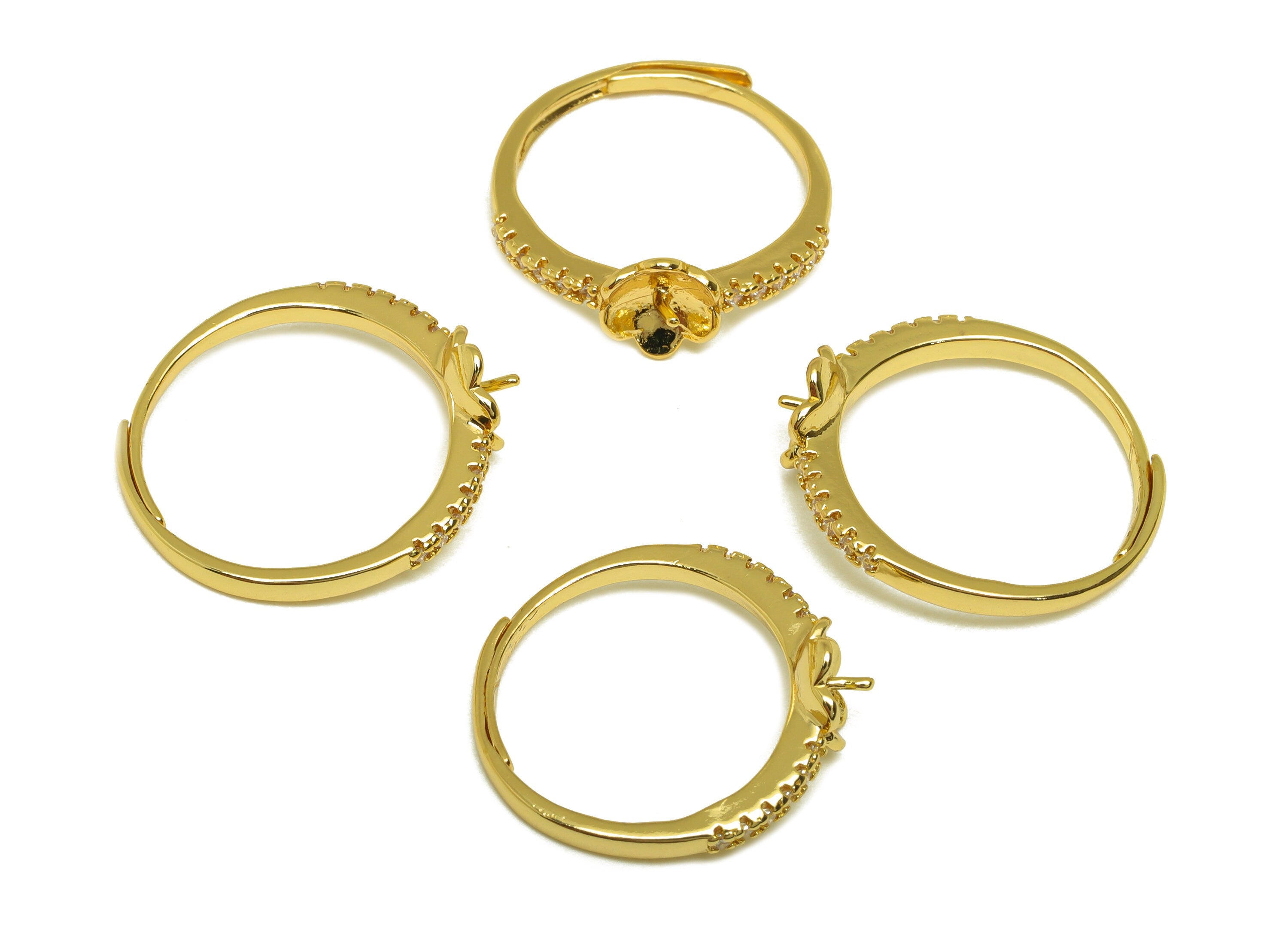 Brass Flower Ring - Brass Flower Ring - Brass Rings For Pearl - Zircon Adjustable Ring - 18K Real Gold Plating -22.45x7.4x1.85mm - RGP7017 - DOMEDBAZAAR