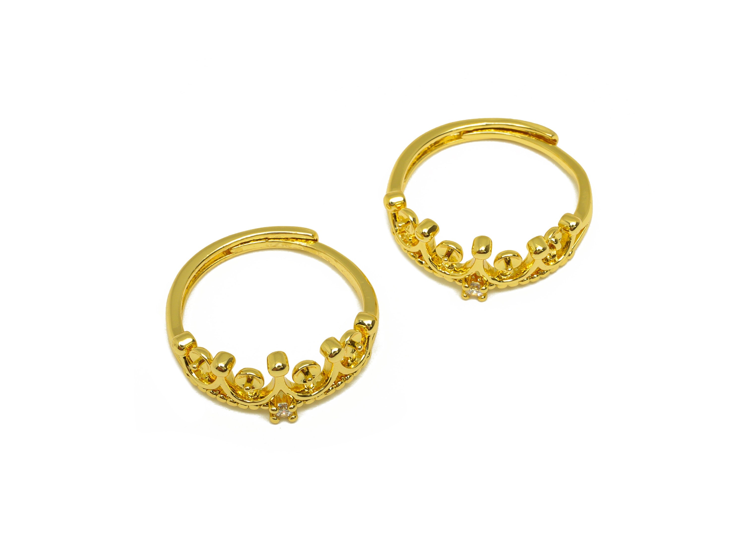 Brass CZ Crown Ring - Brass Princess Ring - Brass Rings For Pearl - Zircon Adjustable Ring - 18K Real Gold Plating - 21x8x2.36mm - RGP6993 - DOMEDBAZAAR