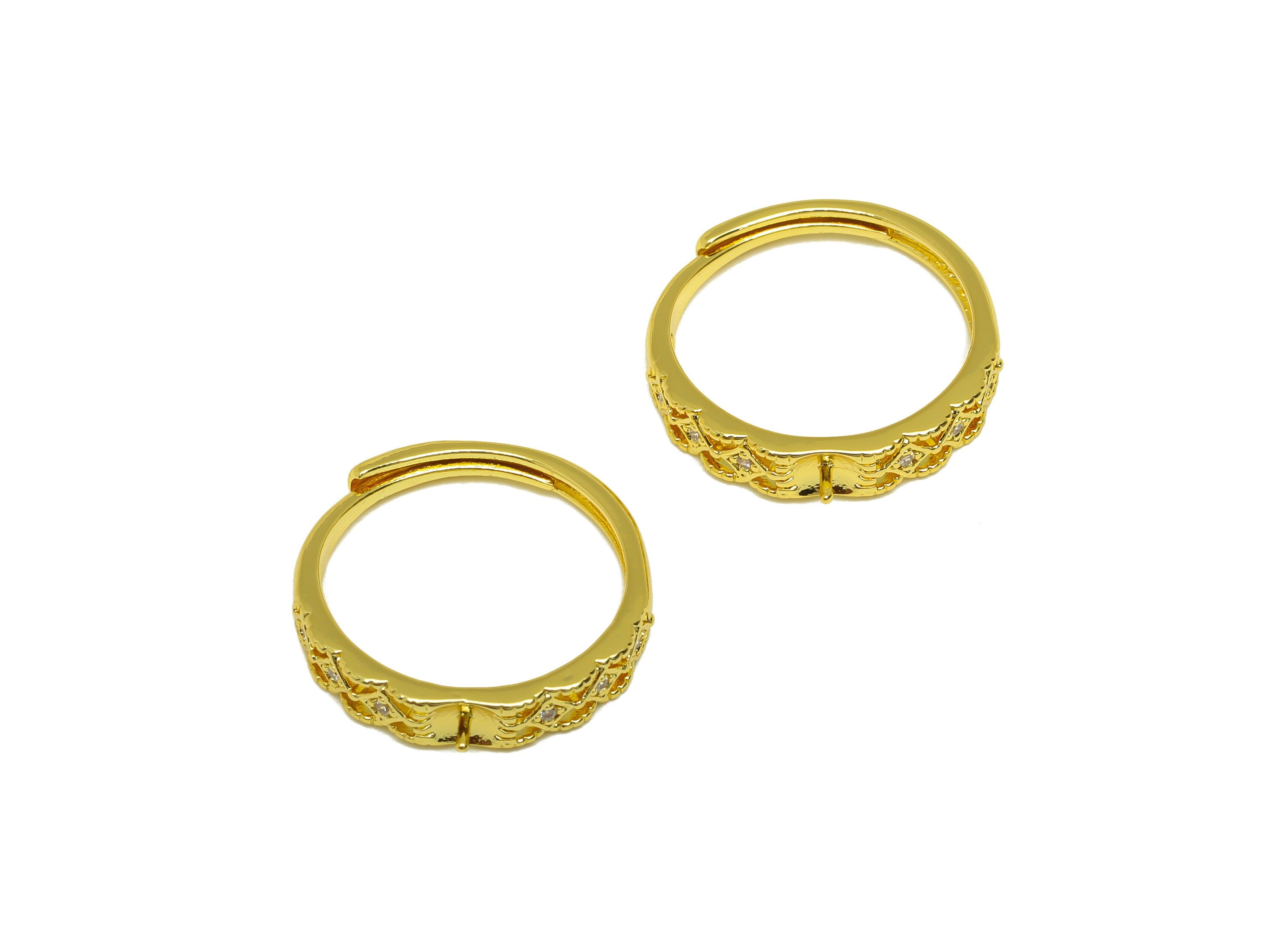 Brass CZ Square Ring - Brass Textured Ring - Brass Rings For Pearl - Zircon Adjustable Ring - 18K Real Gold Plating - 22.2x4.2x2mm - RGP6984 - DOMEDBAZAAR