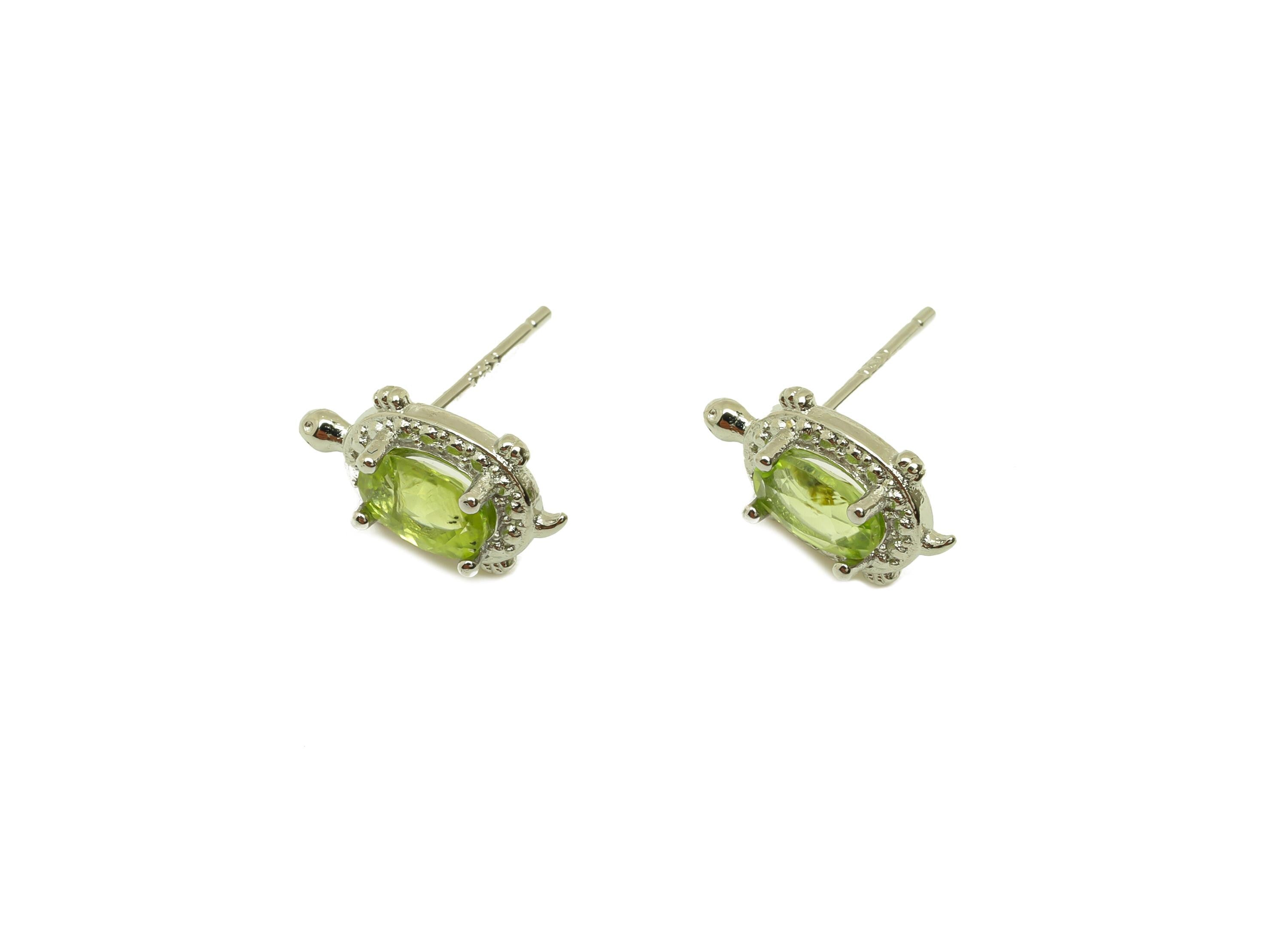 Brass Turtle Earring Stud - Brass Olivine Earring Post - Peridot Earring Post - 925 Silver Stud - Silver Tone Plating - 14x7x0.6mm - RGP7264 - DOMEDBAZAAR