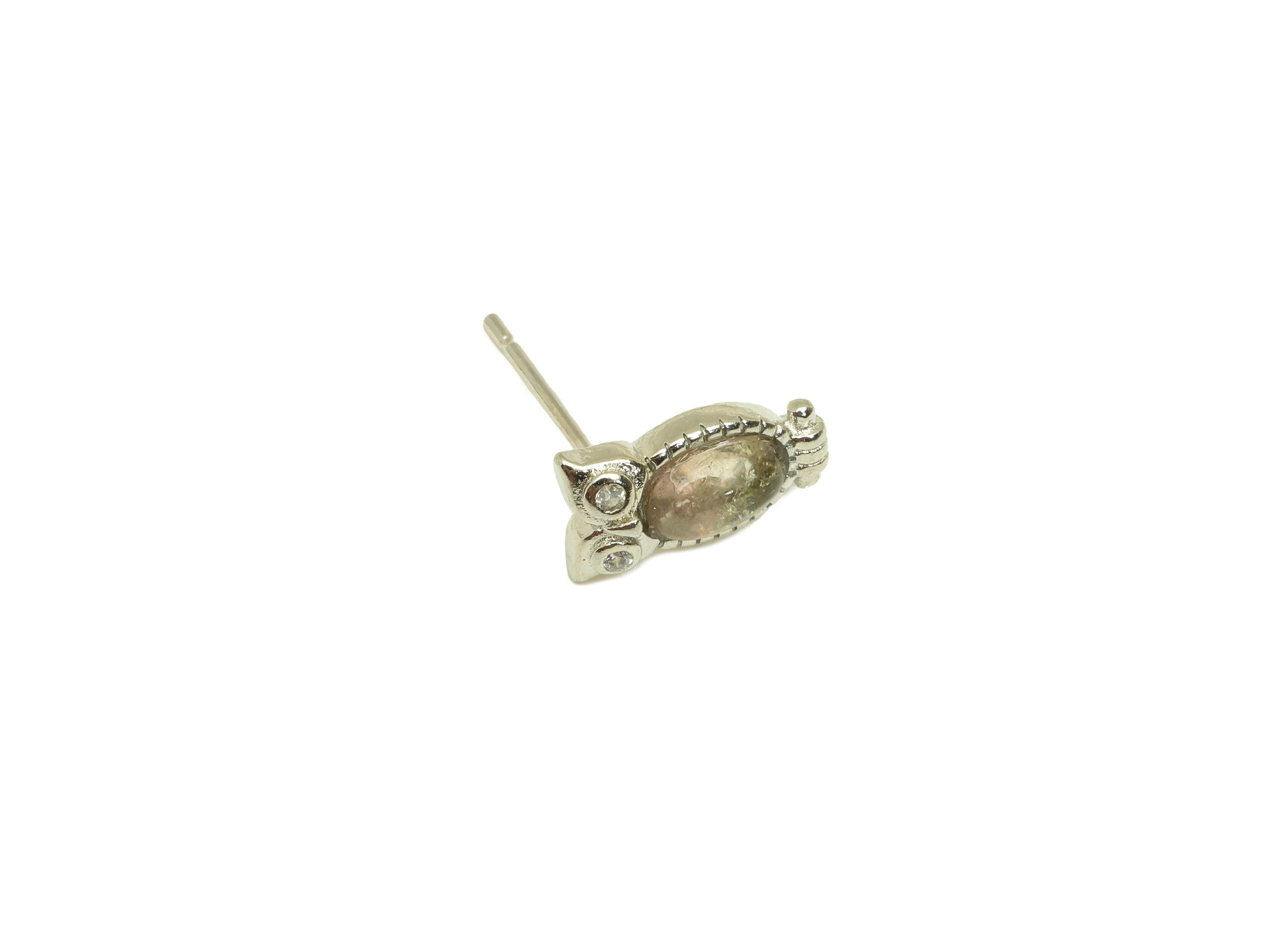 Brass Owl Earring Stud - Brass Tourmaline Earring Post - Animal Earring Post - 925 Silver Stud - Silver Tone Plating - 14x6x0.71mm - RGP7269 - DOMEDBAZAAR