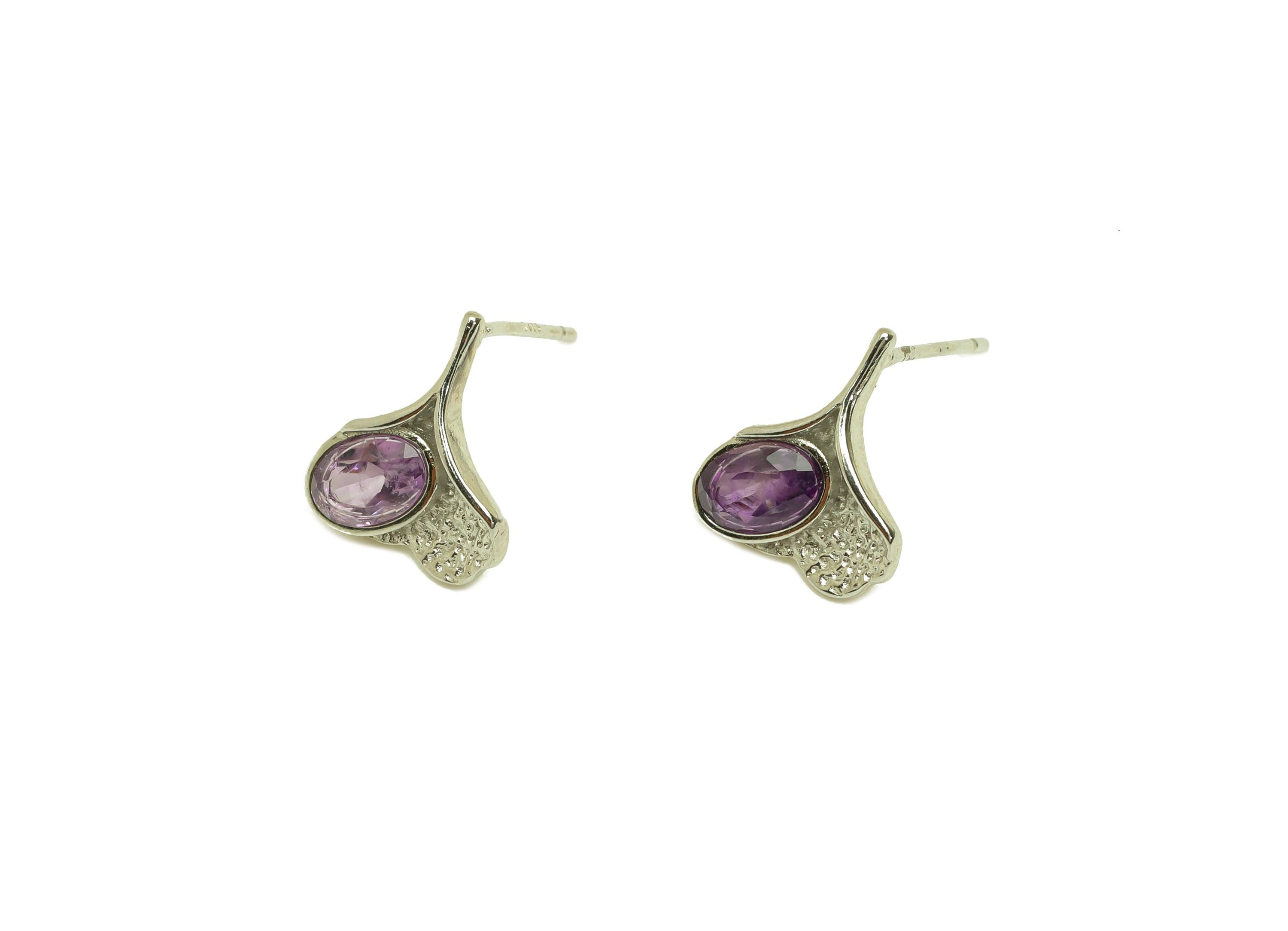 Brass Ginkgo Earring Stud - Brass Leaf Earring Post - Amethyst Earring Post - 925 Silver Stud - Silver Tone Plating - 14x10x0.68mm - RGP7246 - DOMEDBAZAAR
