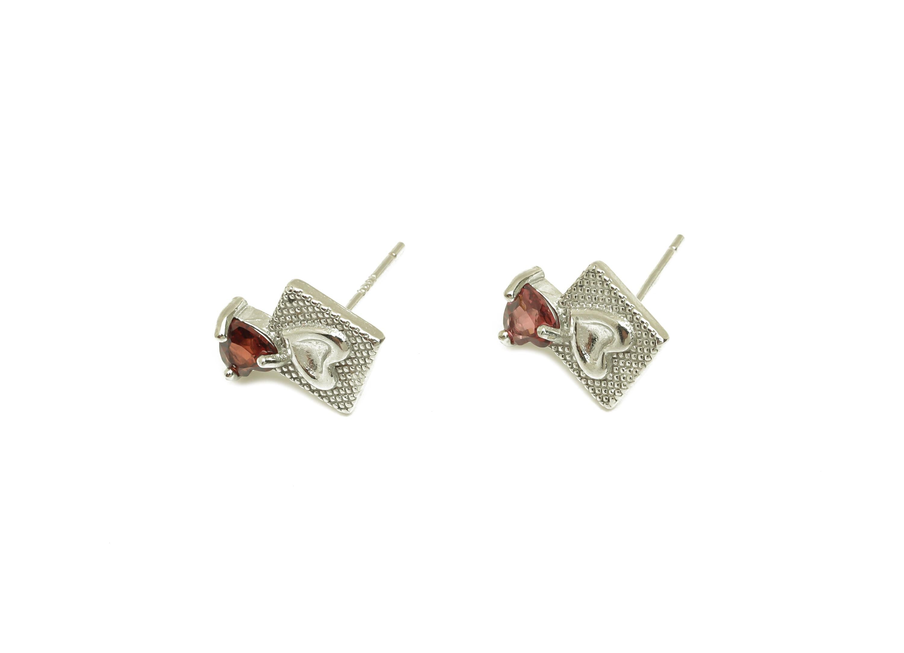 Brass Heart Earring Stud - Brass Square Garnet Earring Post - Garnet Heart Earring Post  - Silver Tone Plating - 13.9x9.31x0.75mm - RGP7259 - DOMEDBAZAAR