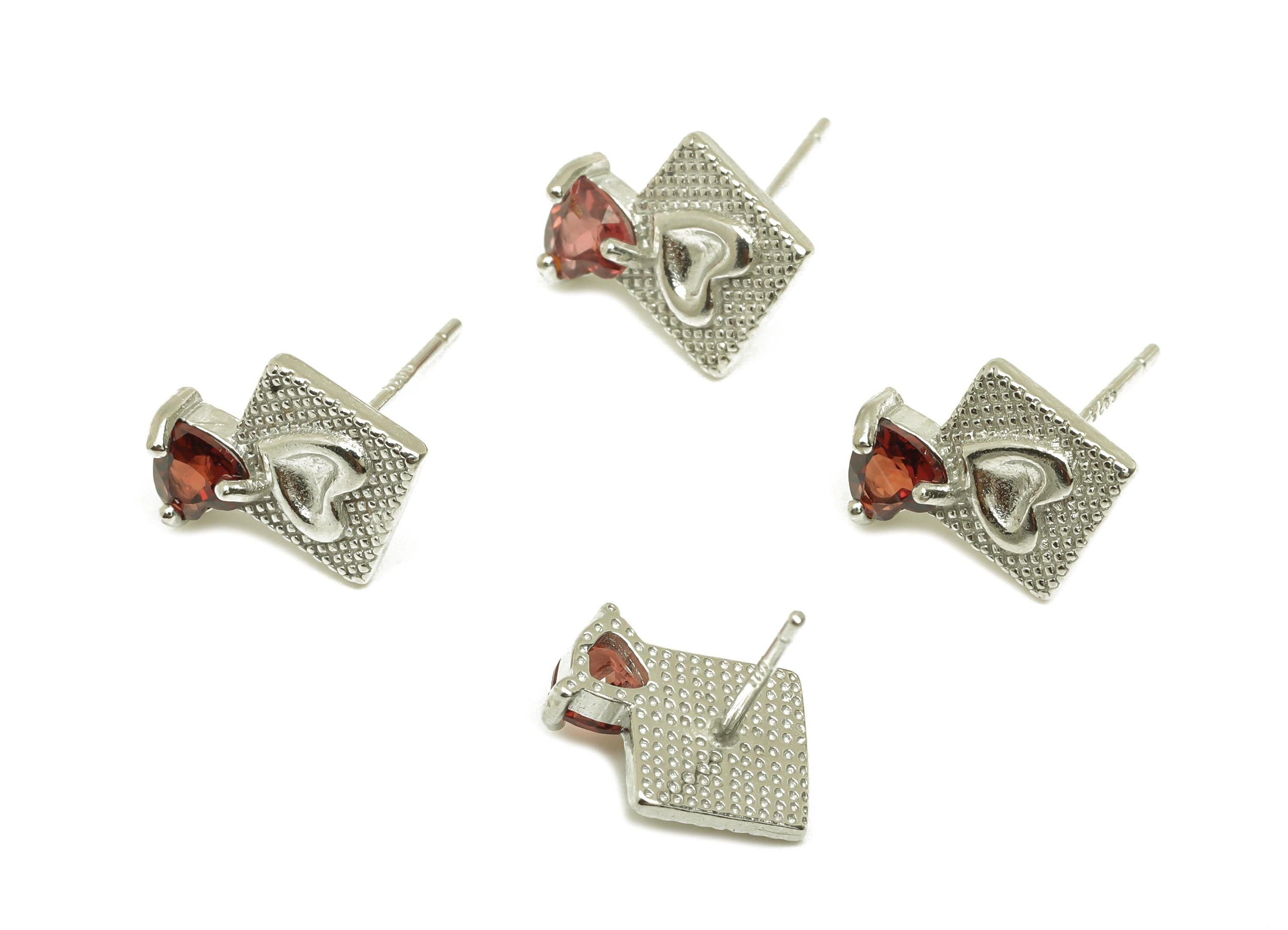 Brass Heart Earring Stud - Brass Square Garnet Earring Post - Garnet Heart Earring Post  - Silver Tone Plating - 13.9x9.31x0.75mm - RGP7259 - DOMEDBAZAAR