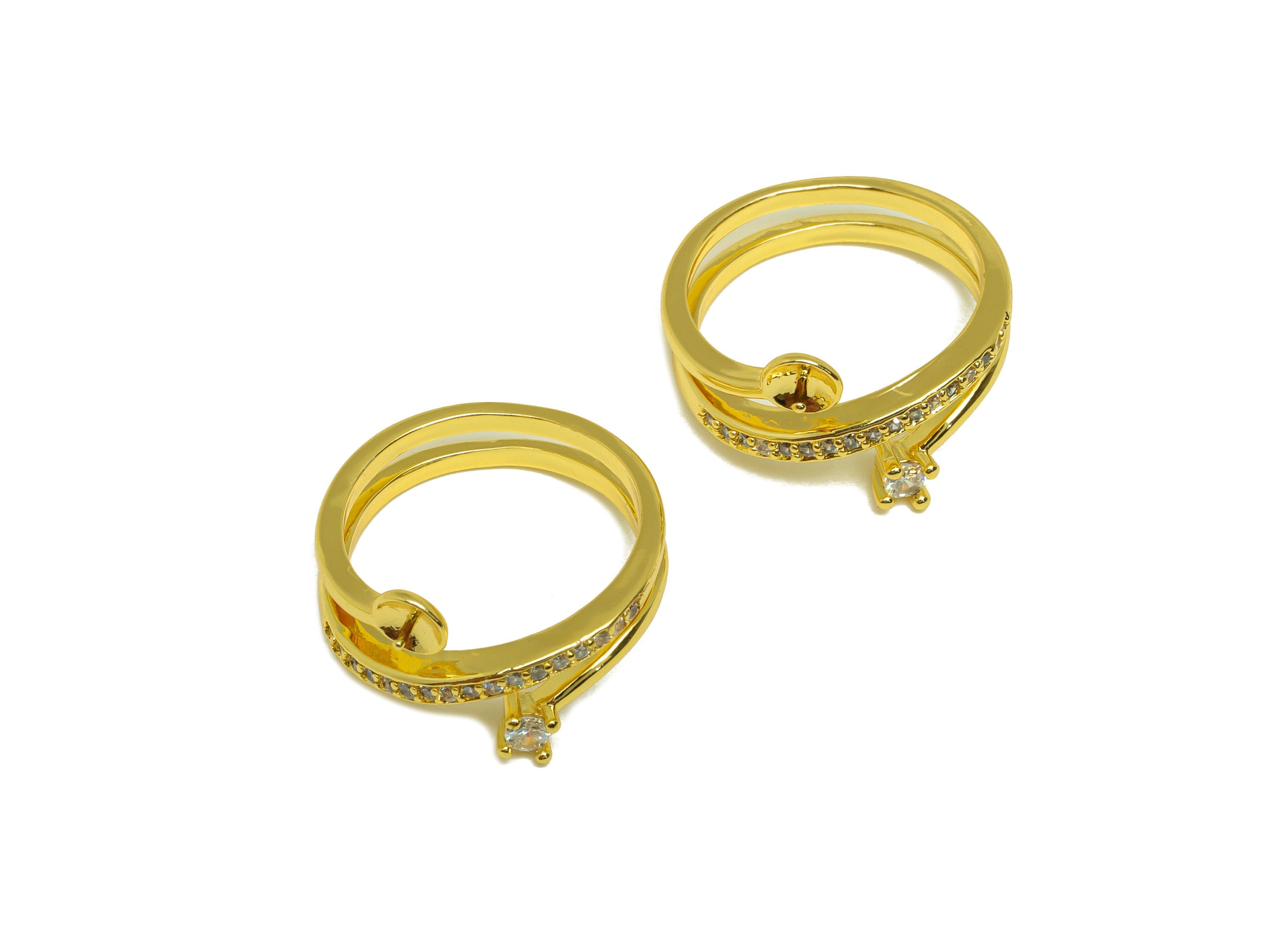 Brass CZ Ring - Brass Diamond Ring - Brass Rings For Pearl - Brass Cubic Zircon Ring - 18K Real Gold Plating - 21x11.62x4.52mm - RGP6992 - DOMEDBAZAAR