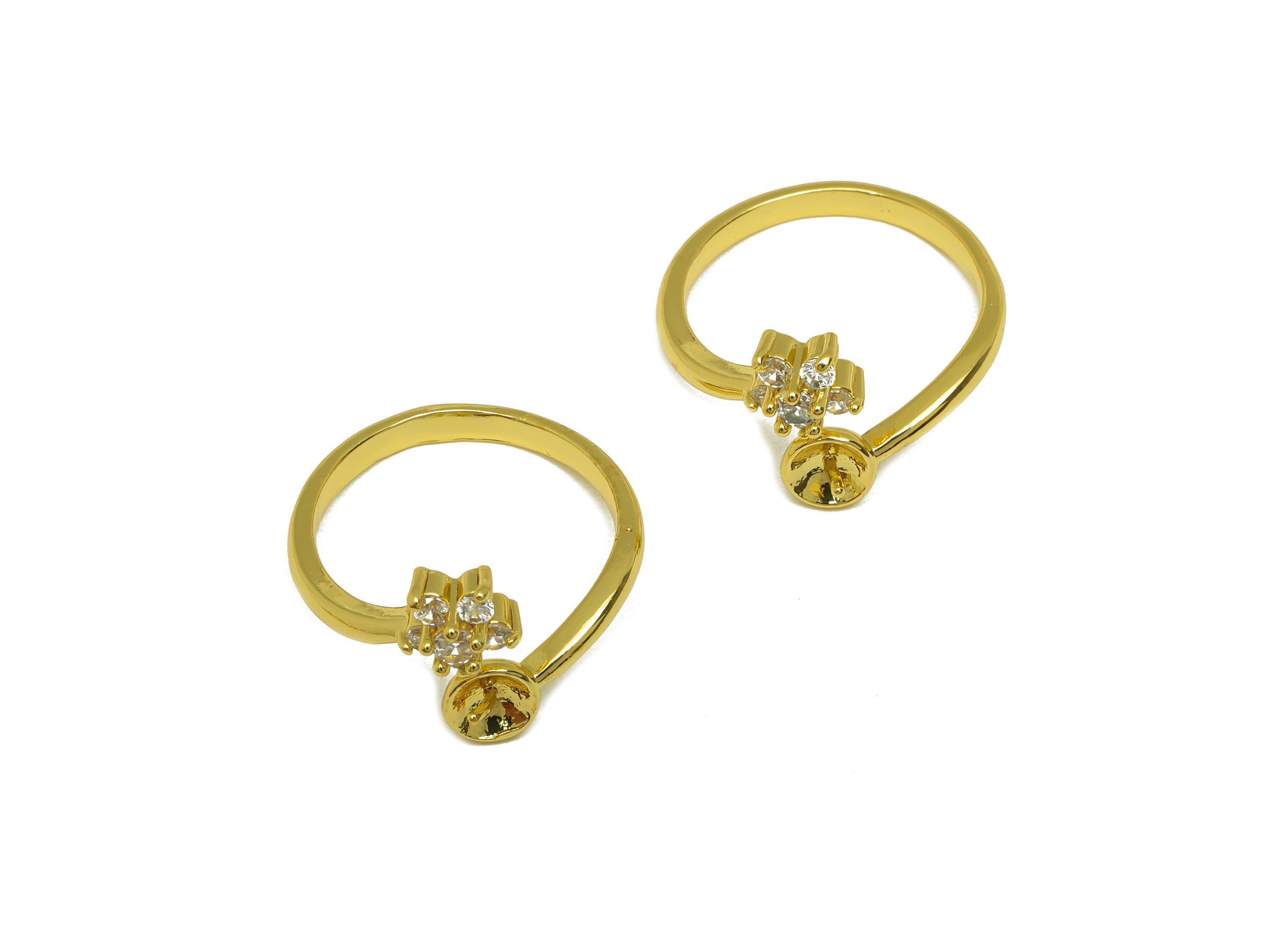 Brass CZ Open Ring - Brass Flower Ring - Brass Rings For Pearl - Zircon Adjustable Ring - 18K Real Gold Plating - 21x12.3x2.22mm - RGP7020 - DOMEDBAZAAR