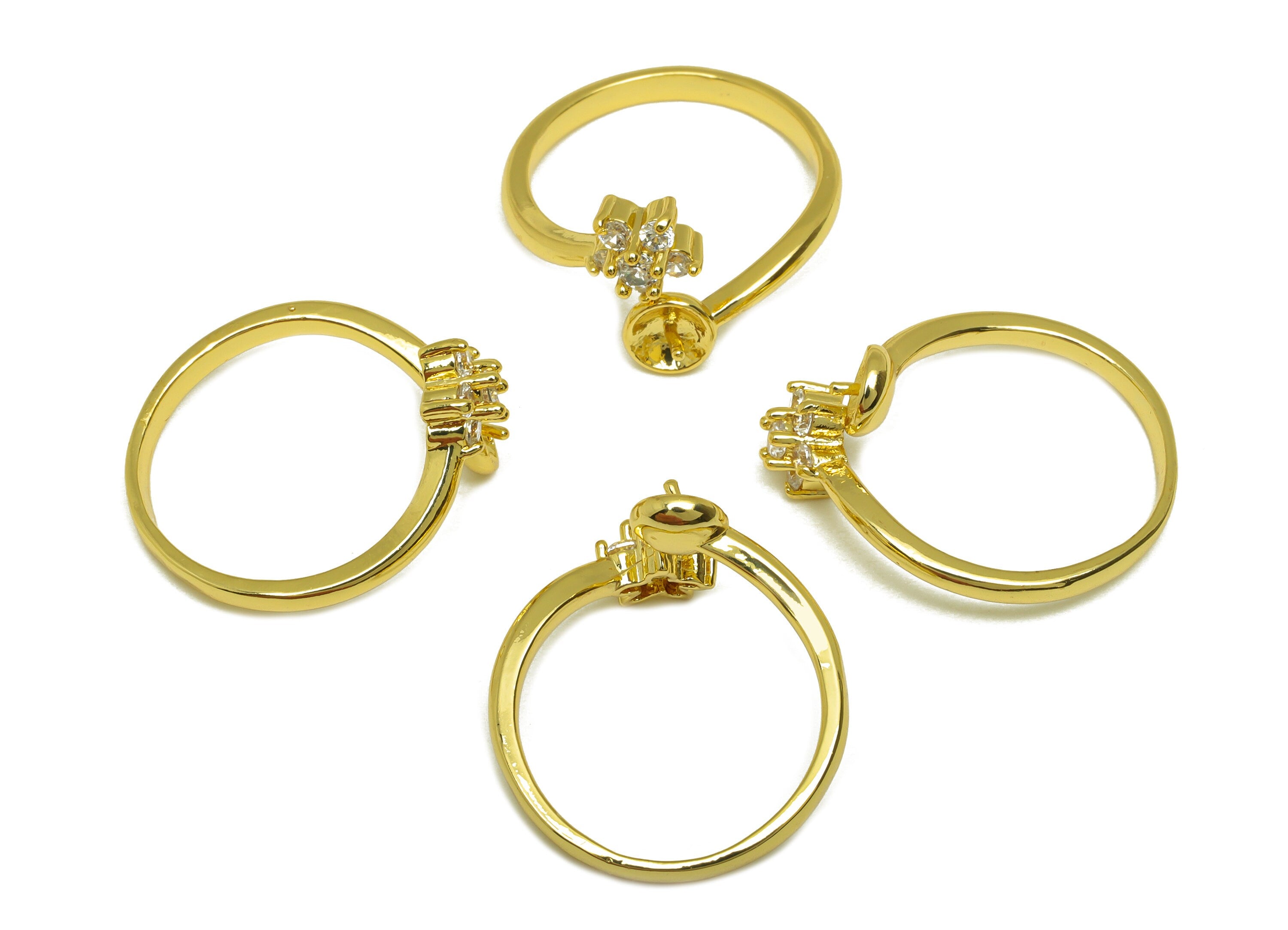 Brass CZ Open Ring - Brass Flower Ring - Brass Rings For Pearl - Zircon Adjustable Ring - 18K Real Gold Plating - 21x12.3x2.22mm - RGP7020 - DOMEDBAZAAR