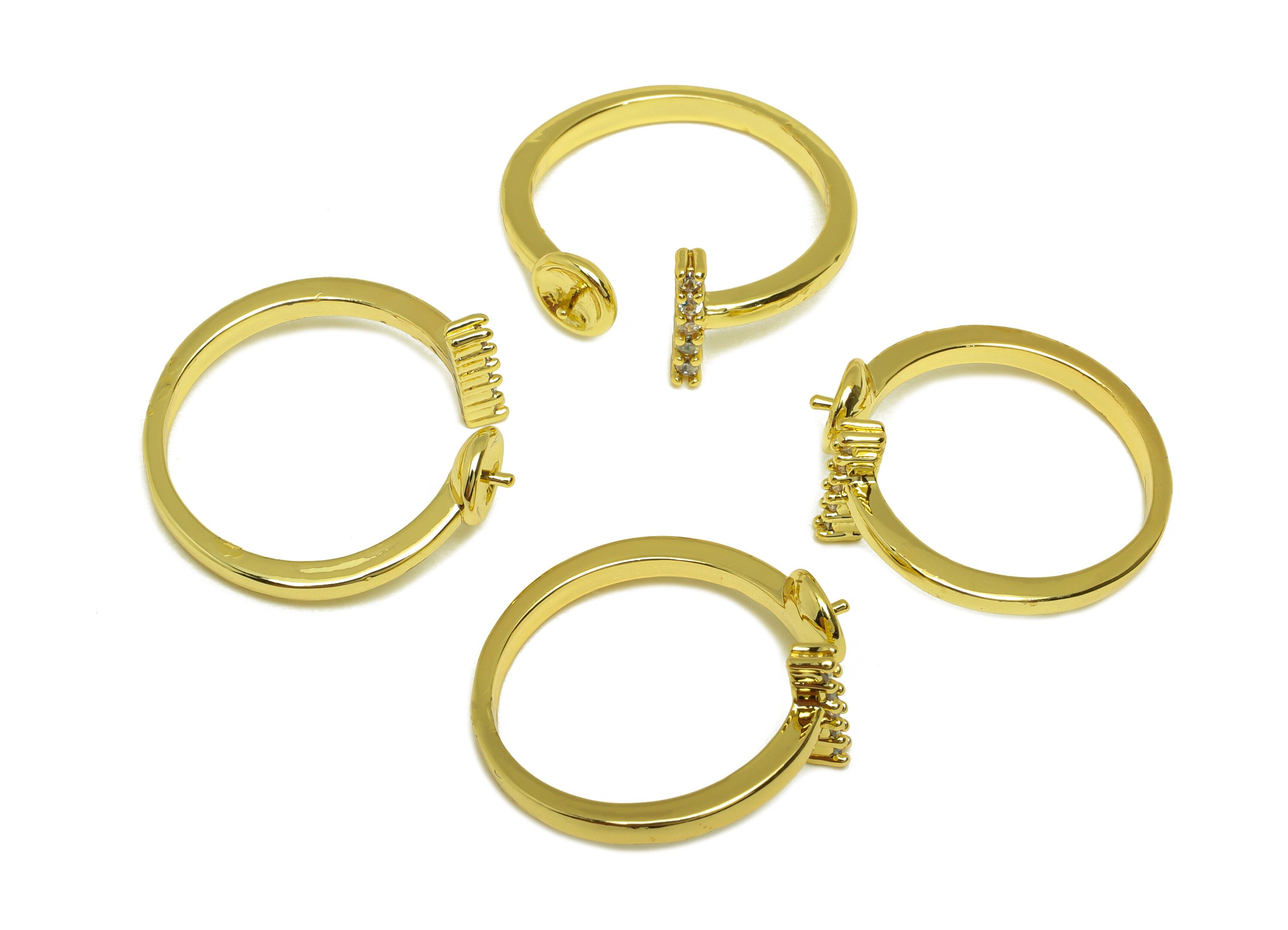 Brass CZ Open Ring - Brass Bar Ring - Brass Rings For Pearl - Zircon Adjustable Ring - 18K Real Gold Plating - 21x9.05x2.16mm - RGP6997 - DOMEDBAZAAR