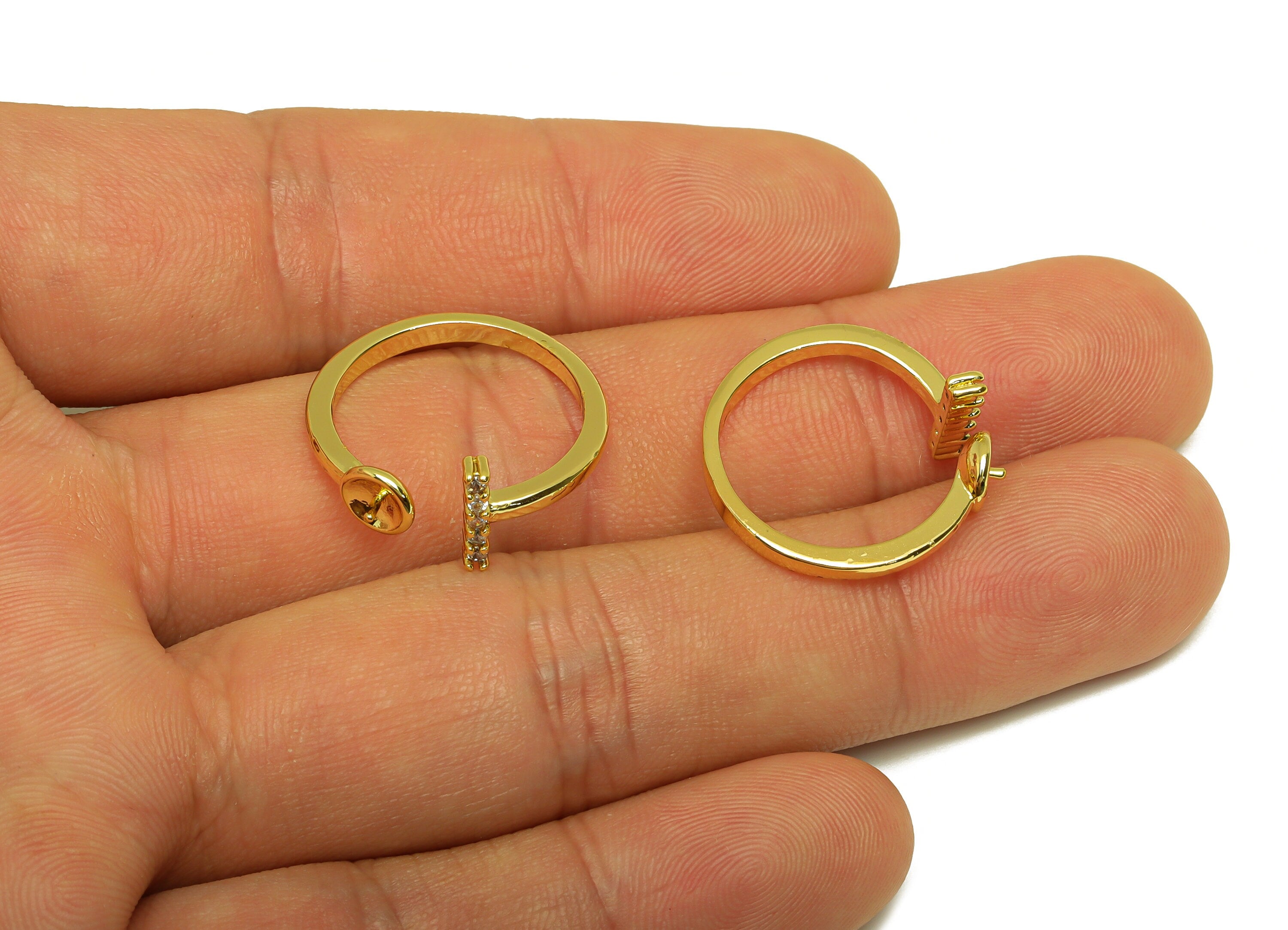Brass CZ Open Ring - Brass Bar Ring - Brass Rings For Pearl - Zircon Adjustable Ring - 18K Real Gold Plating - 21x9.05x2.16mm - RGP6997 - DOMEDBAZAAR