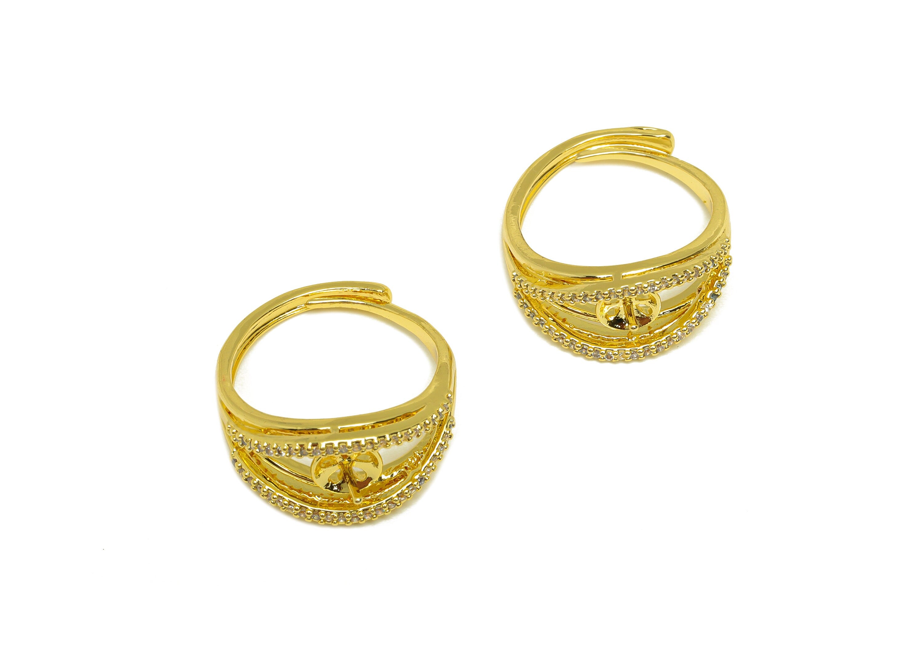 Brass Adjustable Ring - Brass CZ Ring - Brass Rings For Pearl - Brass Cubic Zircon Ring - 18K Real Gold Plating - 24x9.64x2.19mm - RGP6985 - DOMEDBAZAAR