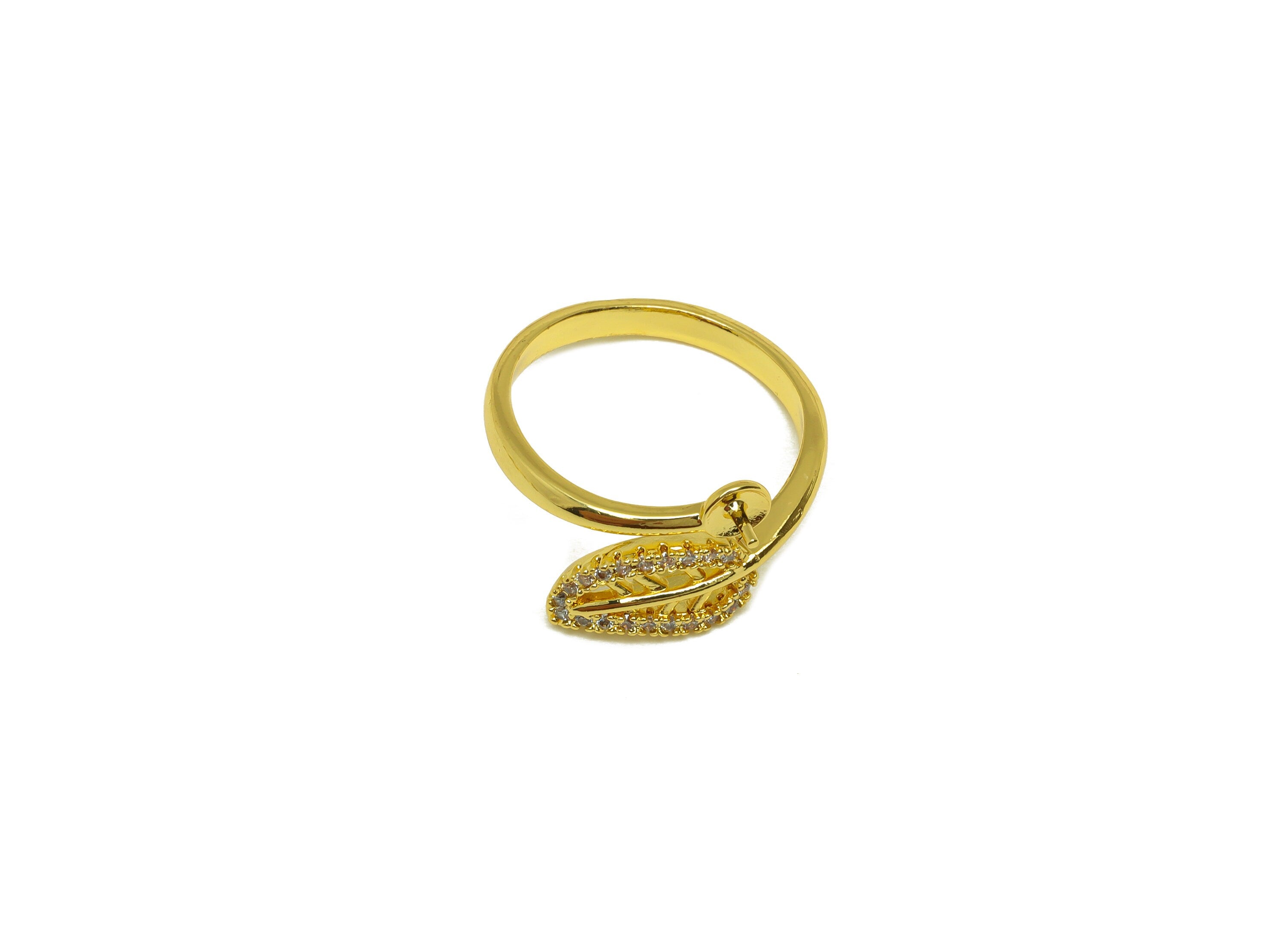 Brass CZ Open Ring - Brass Textured Leaf Ring - Brass Rings For Pearl - Zircon Adjustable Ring - 18K Real Gold Plating - 20x10x2mm - RGP7018 - DOMEDBAZAAR