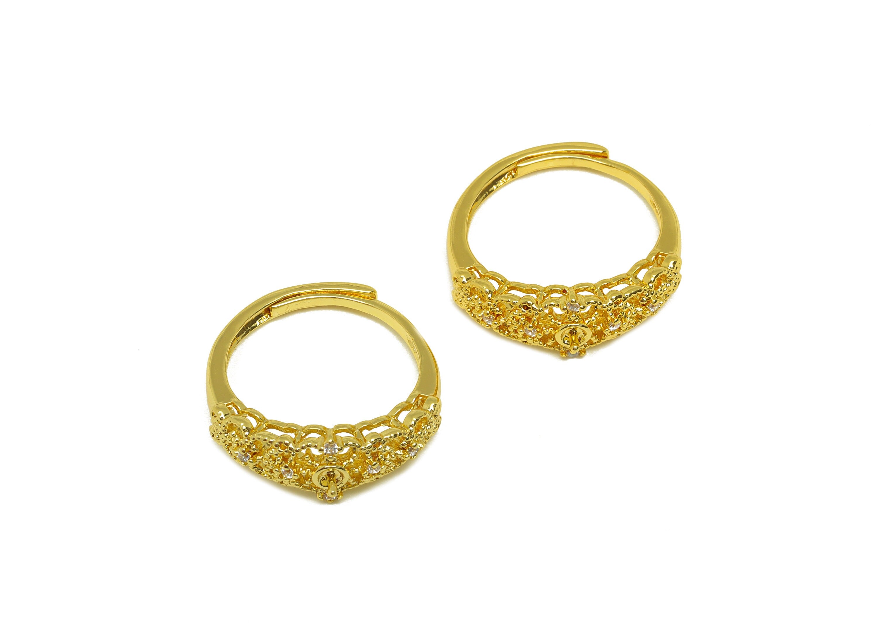 Brass Adjustable Ring - Brass CZ Ring - Brass Rings For Pearl - Textured Zircon Ring - 18K Real Gold Plating - 24.56x8.4x2.4mm - RGP7002 - DOMEDBAZAAR