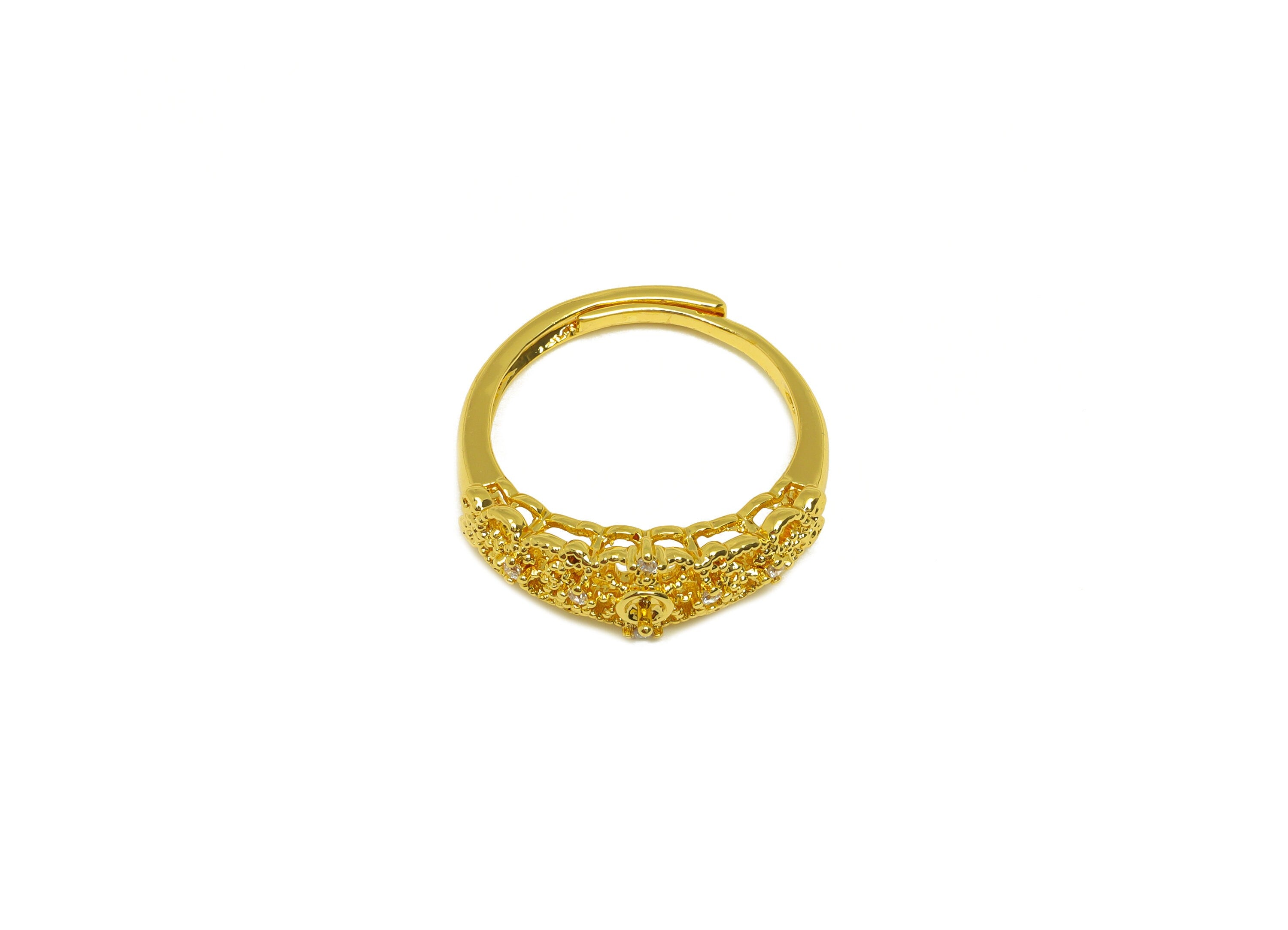 Brass Adjustable Ring - Brass CZ Ring - Brass Rings For Pearl - Textured Zircon Ring - 18K Real Gold Plating - 24.56x8.4x2.4mm - RGP7002 - DOMEDBAZAAR