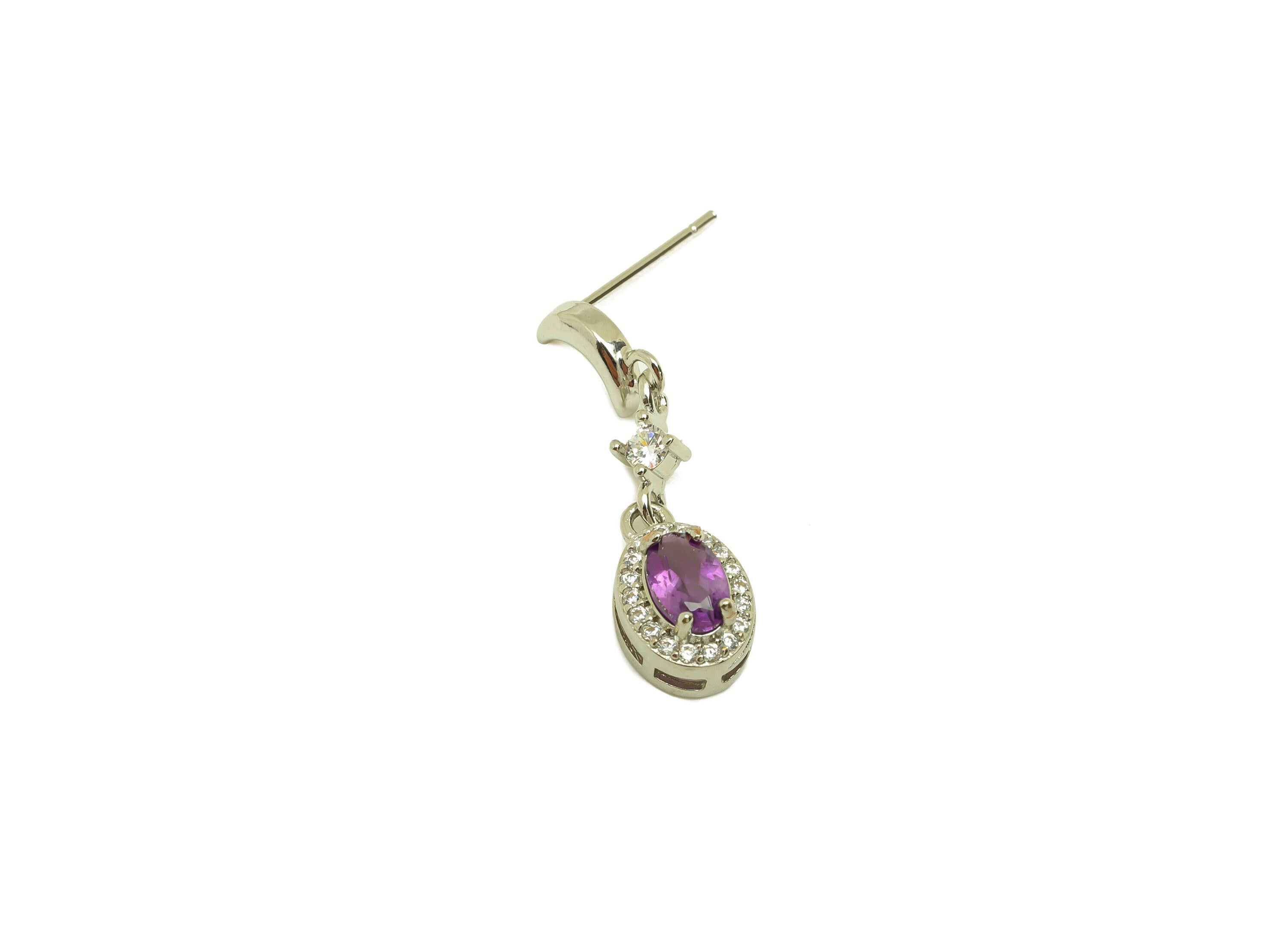 Brass Crescent Earring Stud - Brass Star Cubic Zircon Earring Post - Amethyst Earring Post - Silver Tone Plating - 25.5x6x0.72mm - RGP7250 - DOMEDBAZAAR