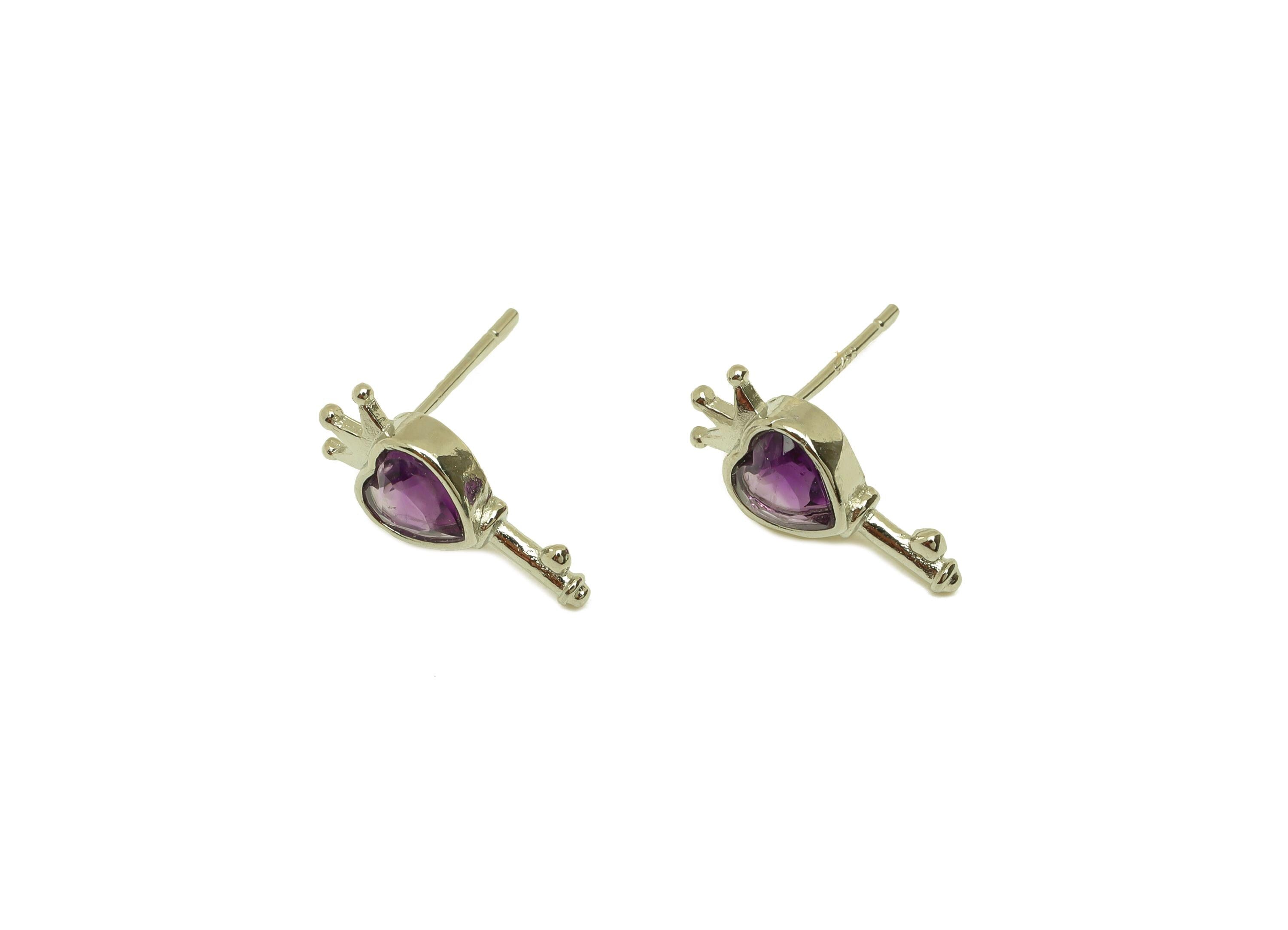 Brass Heart Earring Stud - Brass Crown Earring Post - Heart Amethyst Earring Post - 925 Silver Tone Plating - 13.92x6.29x0.74mm - RGP7247 - DOMEDBAZAAR