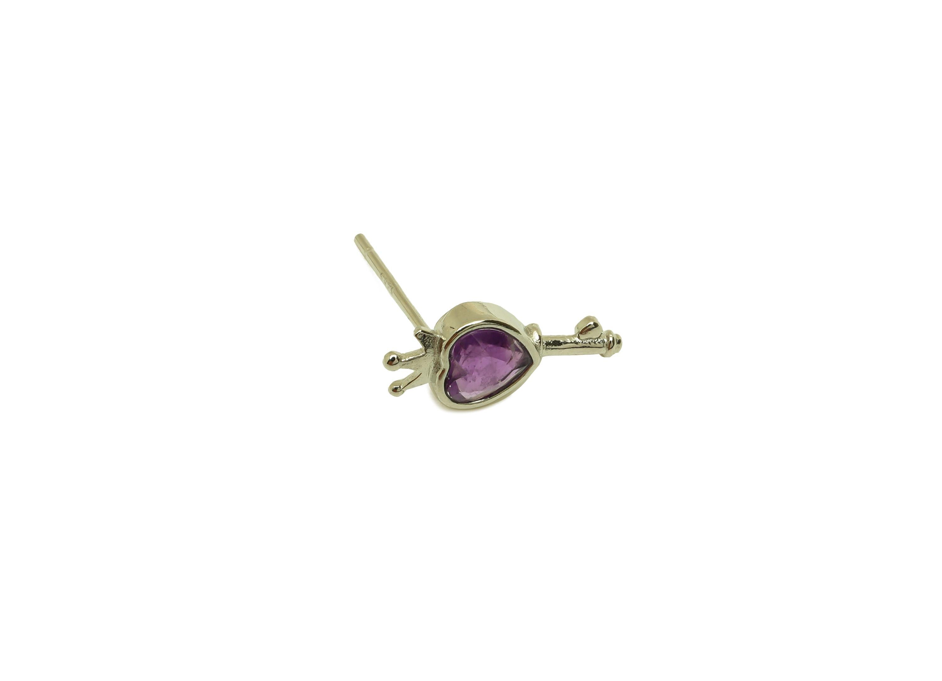 Brass Heart Earring Stud - Brass Crown Earring Post - Heart Amethyst Earring Post - 925 Silver Tone Plating - 13.92x6.29x0.74mm - RGP7247 - DOMEDBAZAAR