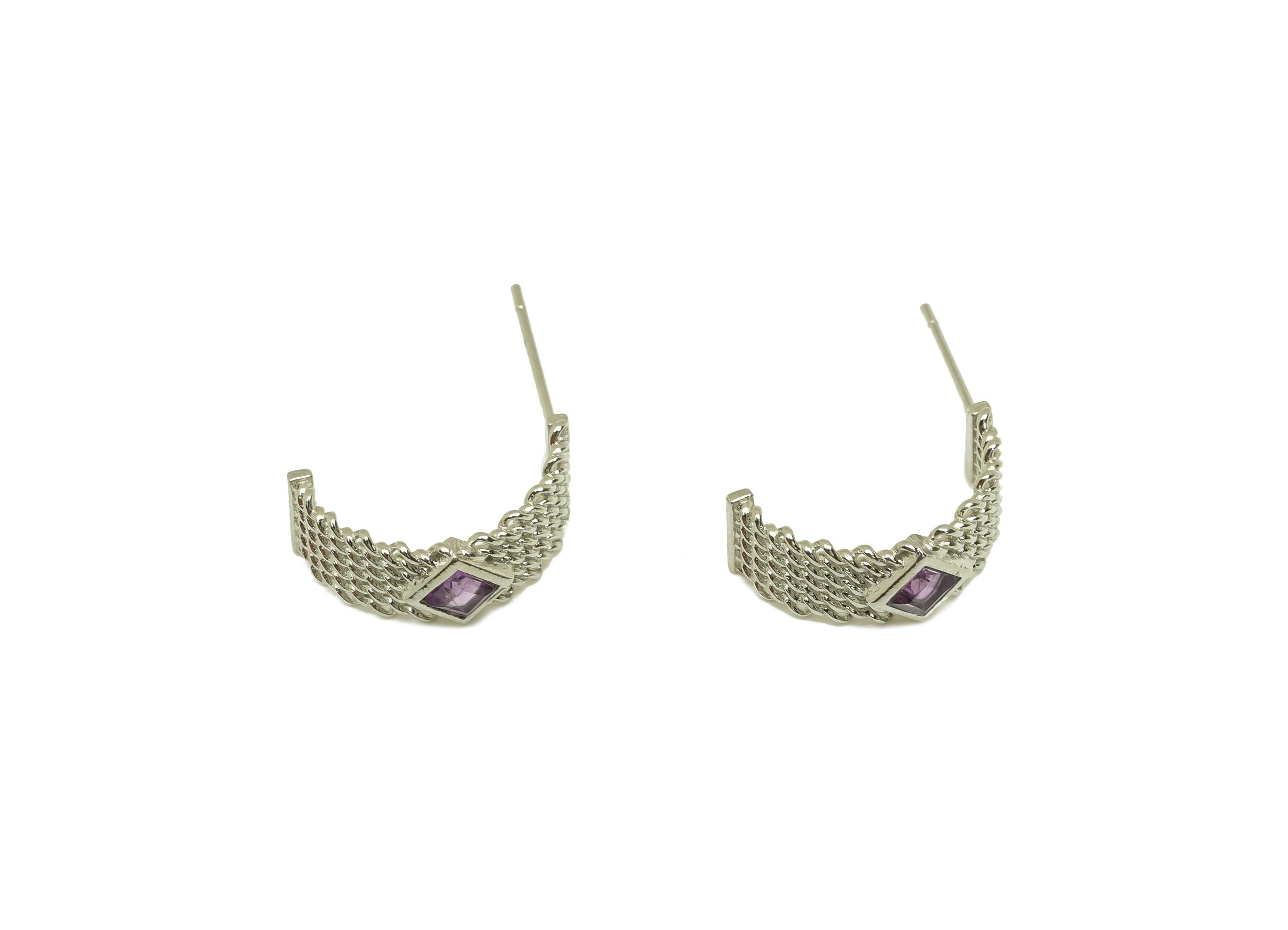 Brass Hoop Earring Stud - Brass Rings Earring Post - Brass Weave Wire Amethyst Earring Post - Silver Tone Plating - 16.34x6x0.7mm - RGP7252 - DOMEDBAZAAR
