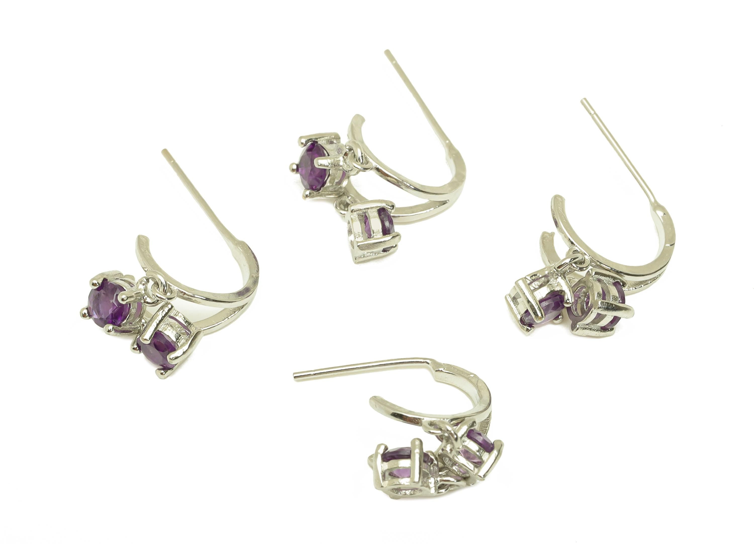 Brass Hoop Earring Stud - Brass Dangle Earring Post - Brass Hoop Amethyst Earring Post - Silver Tone Plating - 19.12x10.69x0.69mm - RGP7251 - DOMEDBAZAAR