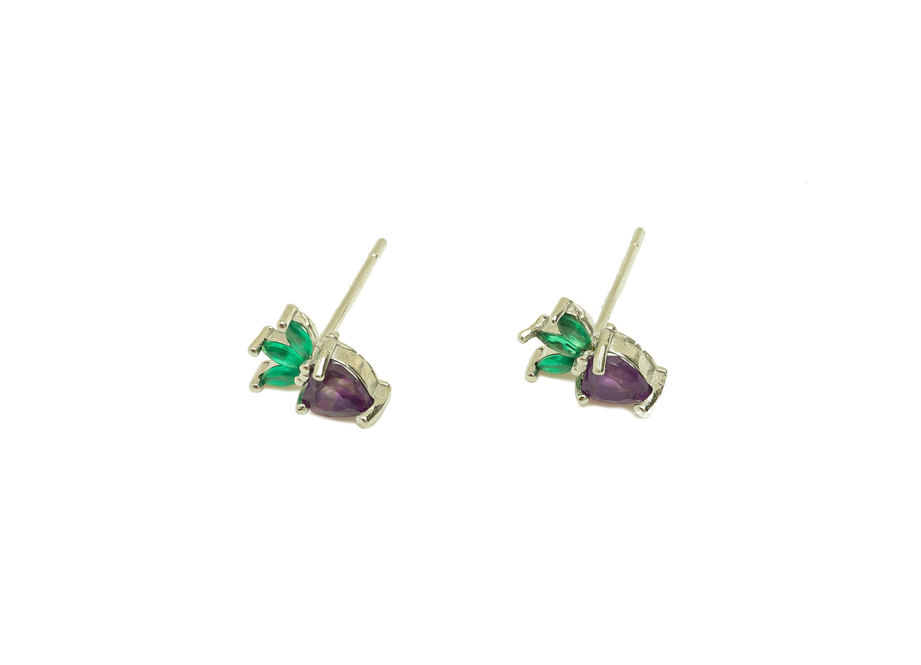 Brass Heart Earring Stud - Brass Marquise Earring Post - Zircon Amethyst Earring Post - 925 Silver - Silver Tone Plating - 14x6x1mm -RGP7245 - DOMEDBAZAAR