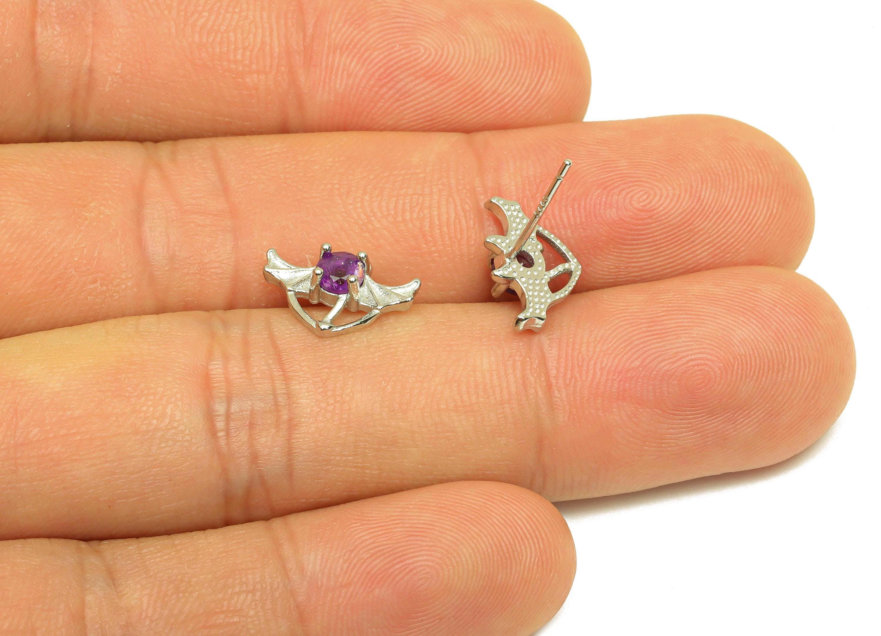 Brass Bat Earring Stud - Brass Bat Earring Post - Animal Amethyst Earring Post - 925 Silver Stud - Silver Tone Plating - 14x12x1mm - RGP7256 - DOMEDBAZAAR