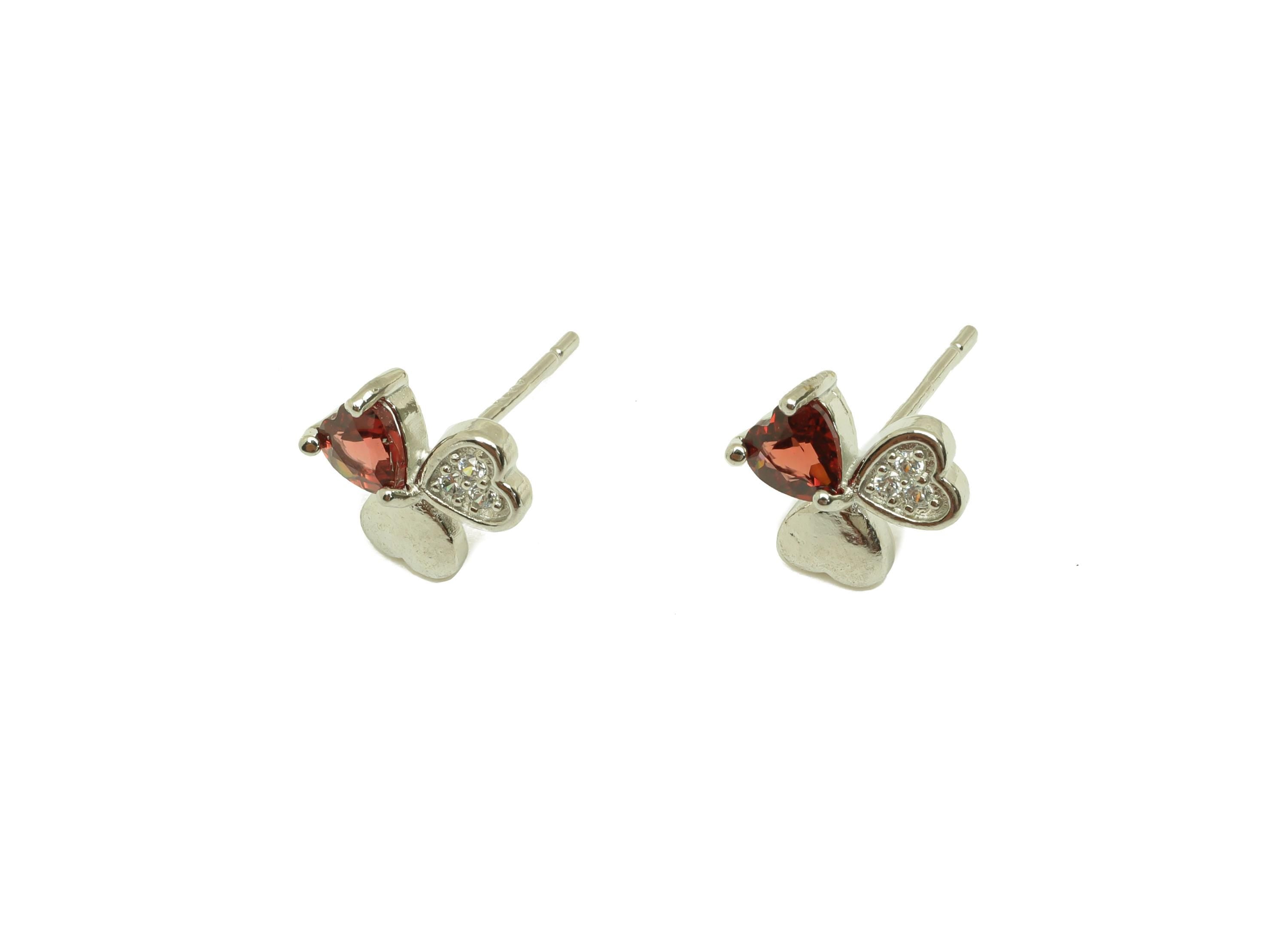 Brass Heart Earring Stud - Cubic Zircon Earring Post - Garnet Earring Post - 925 Silver Stud - Silver Tone Plating - 13x8x0.72mm - RGP7260 - DOMEDBAZAAR