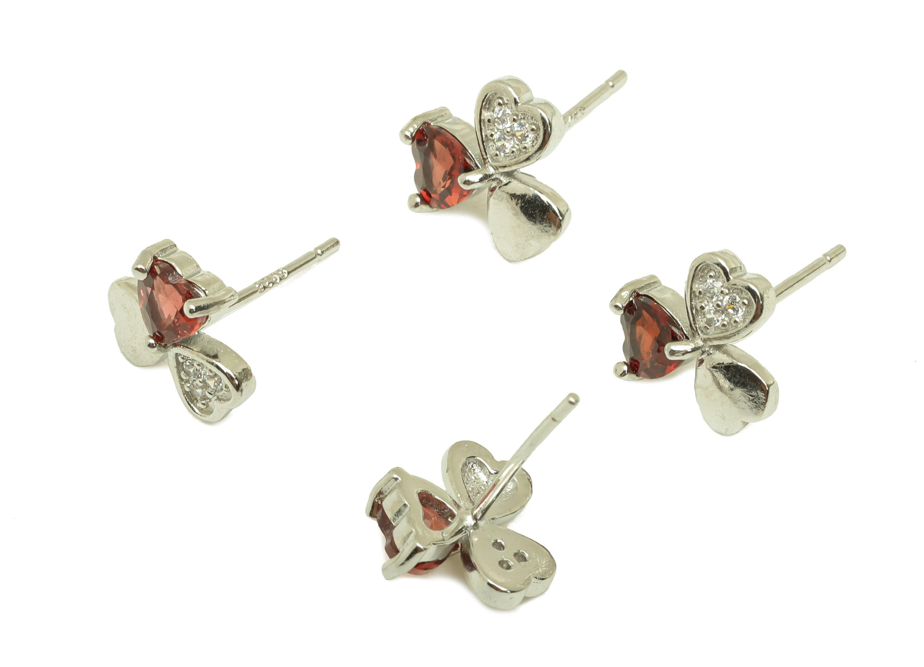 Brass Heart Earring Stud - Cubic Zircon Earring Post - Garnet Earring Post - 925 Silver Stud - Silver Tone Plating - 13x8x0.72mm - RGP7260 - DOMEDBAZAAR