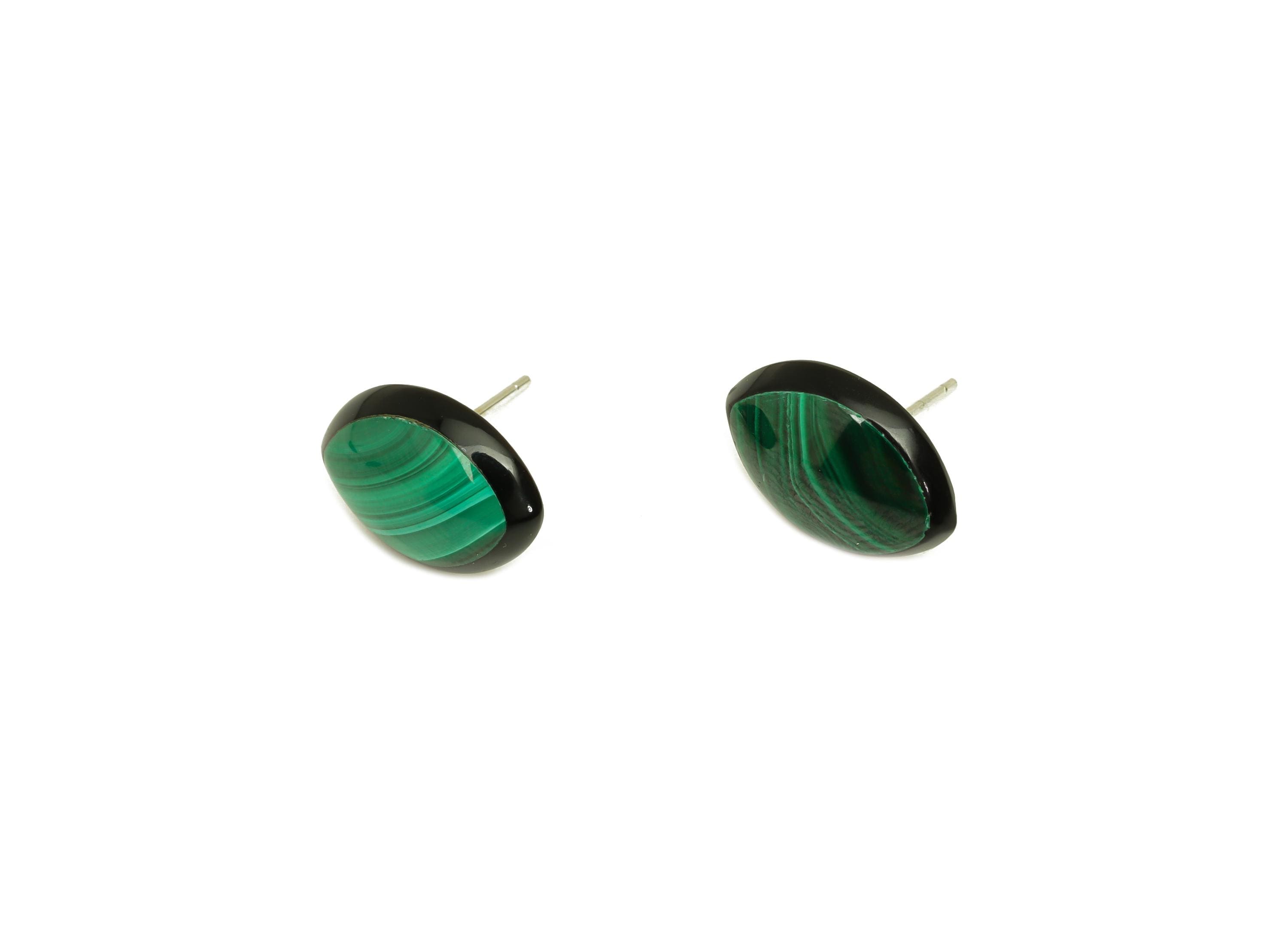 Brass Malachite Earring Stud - Brass Green Marquise Earring Post - 925 Silver Earring Post - Silver Tone Plating -14x14x0.68mm - RGP7262 - DOMEDBAZAAR