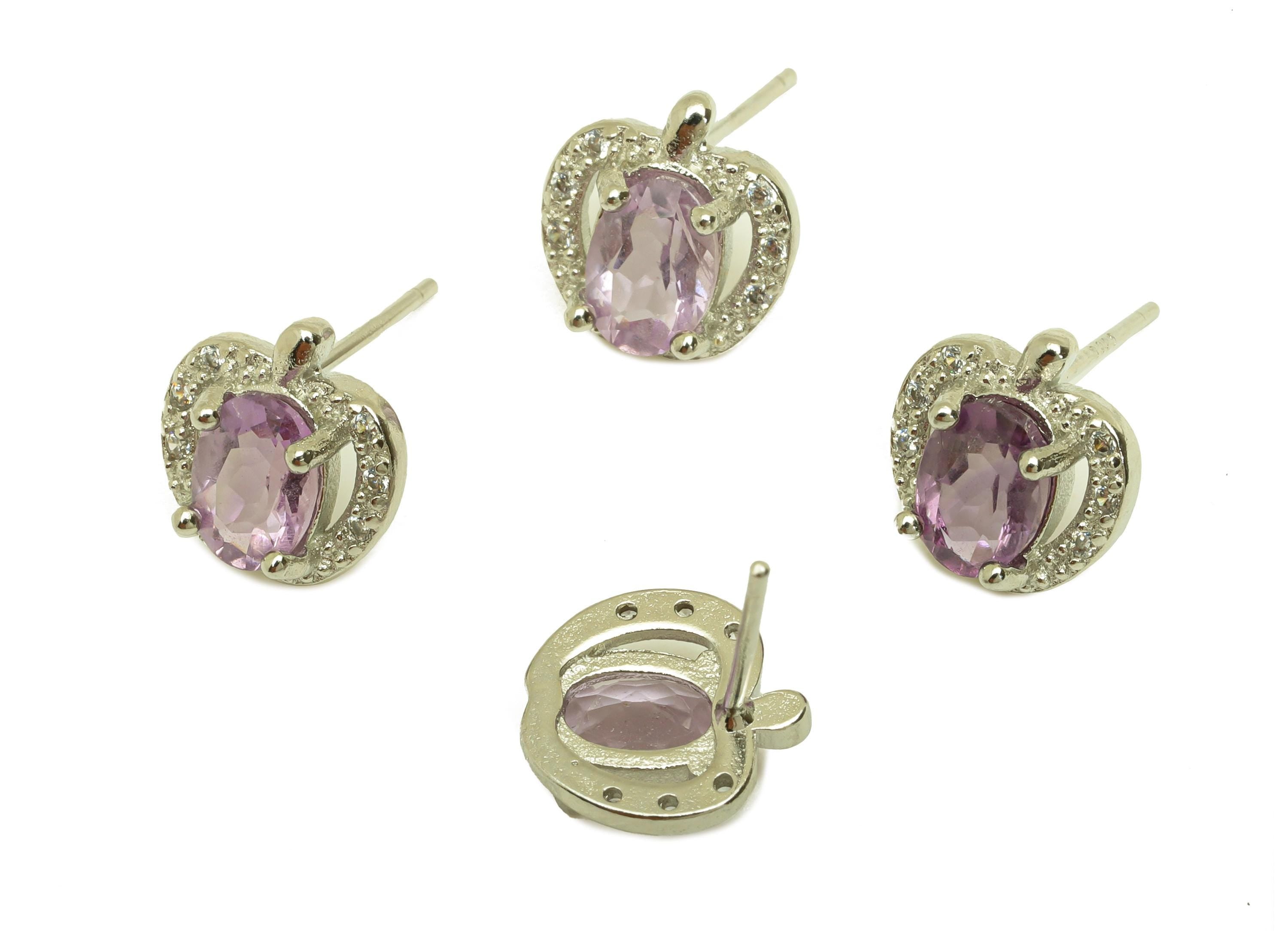 Brass Apple Earring Stud - Brass Cubic Zircon Earring Post - Amethyst Earring Post - Silver Stud - Silver Tone Plating - 15x9x1mm - RGP7255 - DOMEDBAZAAR
