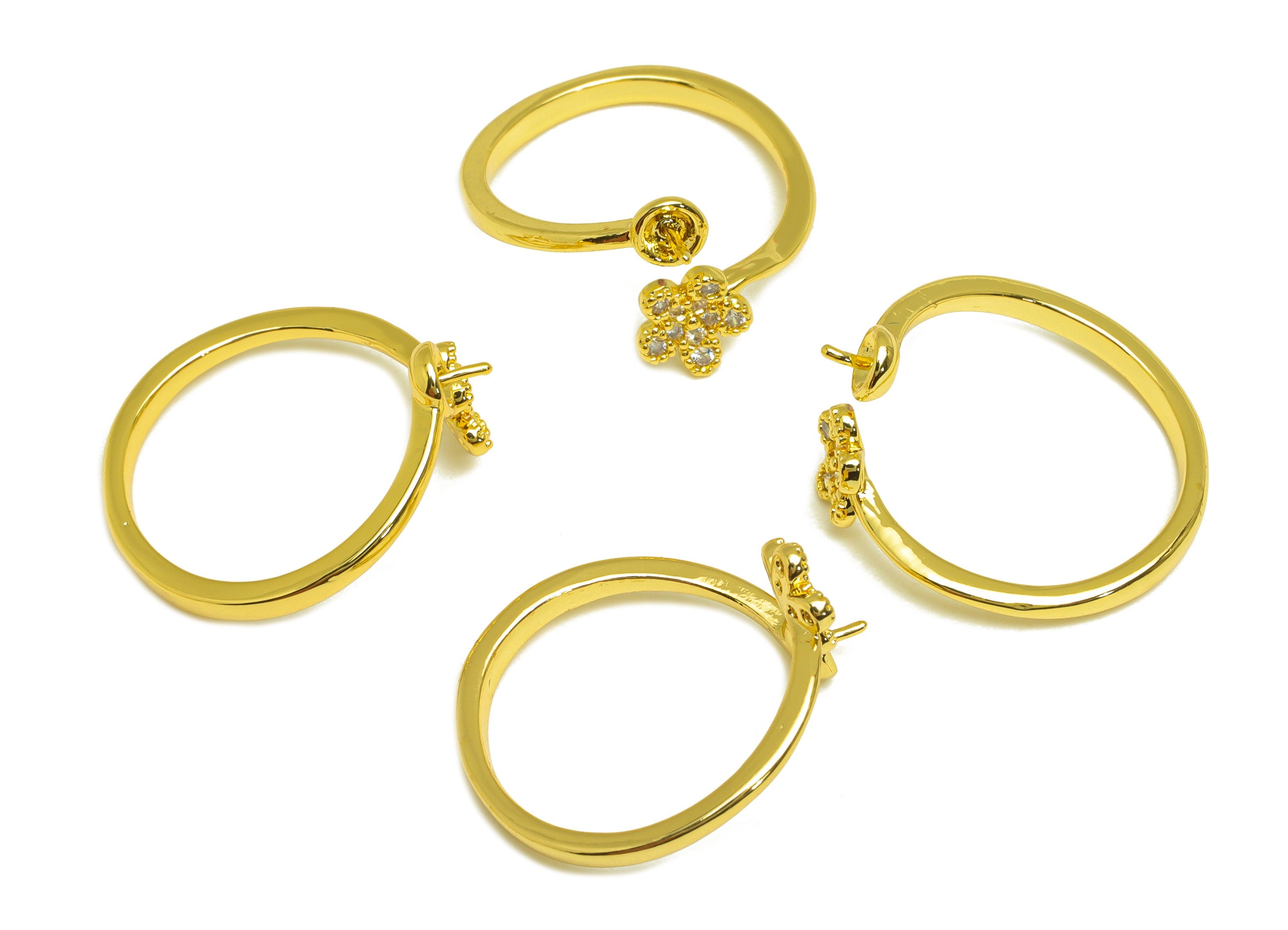 Brass CZ Open Ring - Brass Flower Ring - Brass Rings For Pearl - Cubic Zircon Adjustable Ring - 18K Real Gold Plating - 20x10x2mm - RGP7027 - DOMEDBAZAAR