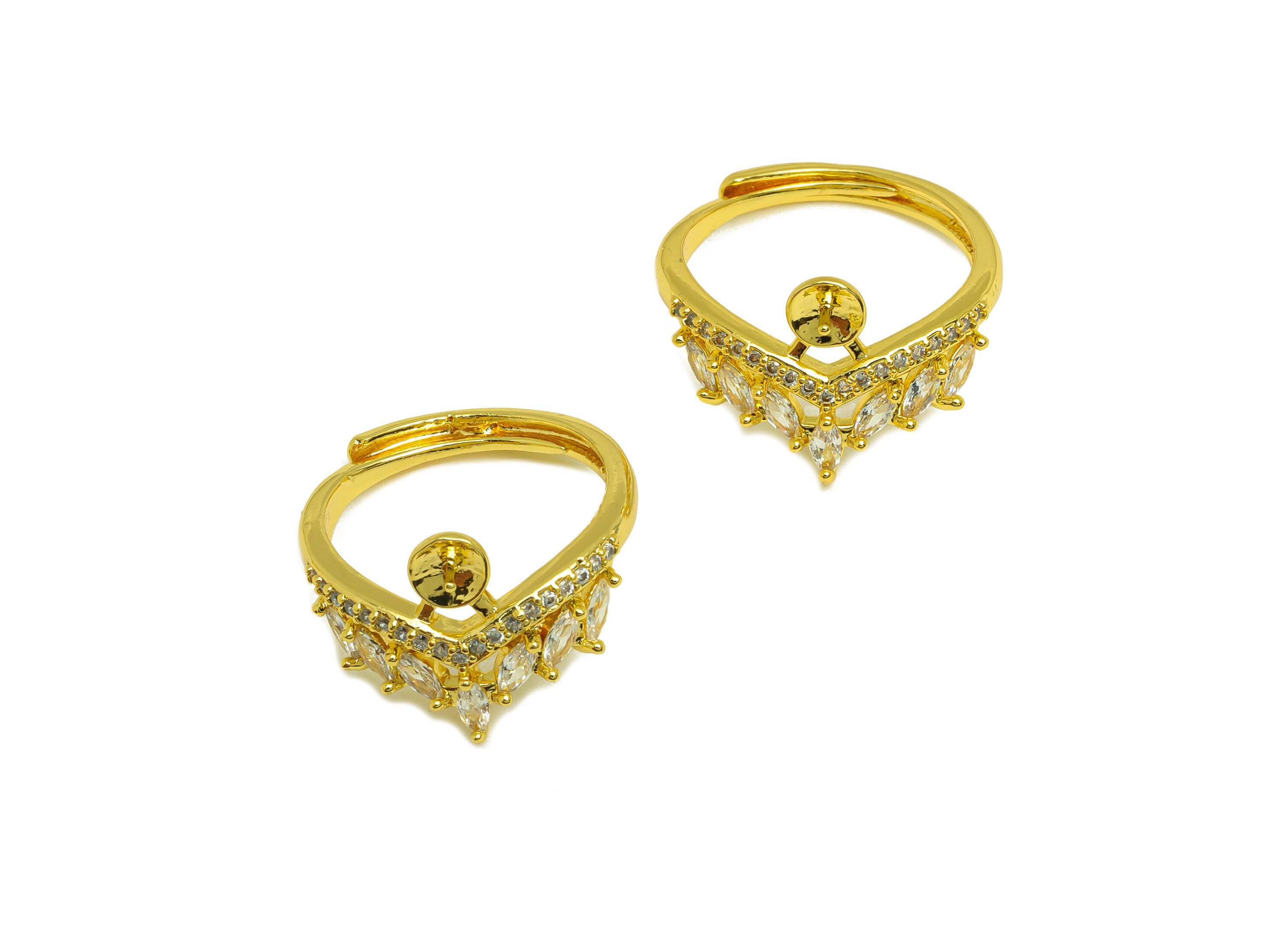 Brass CZ Adjustable Ring - Brass Marquise Ring - Brass Rings For Pearl - Cubic Zircon Crown Ring - 18K Real Gold Plating - 22x14x2mm-RGP7026 - DOMEDBAZAAR
