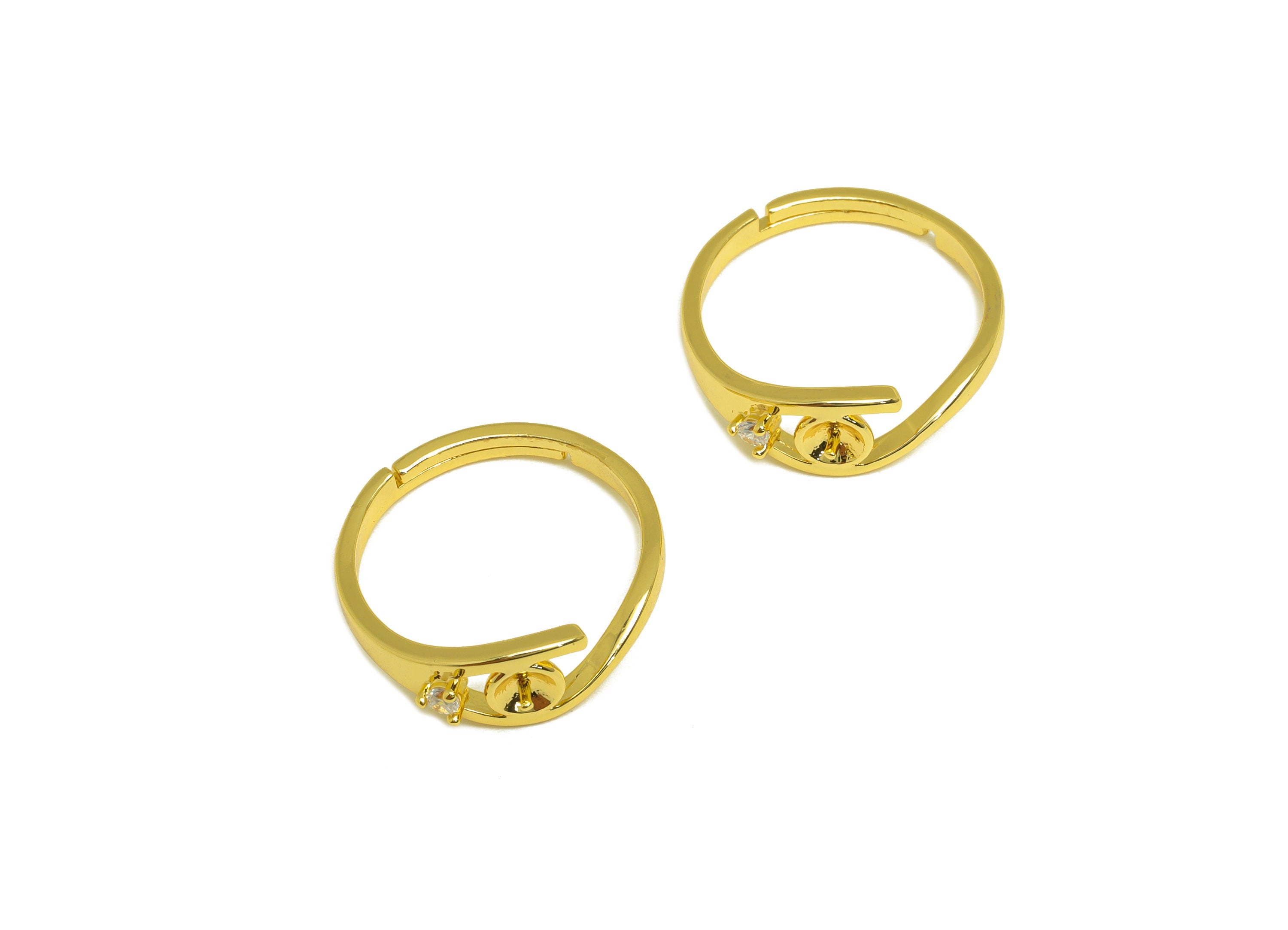 Brass CZ Adjustable Ring - Brass Mini Diamond Ring - Brass Rings For Pearl - Cubic Zircon Ring - 18K Real Gold Plating - 20x6x2mm - RGP7028 - DOMEDBAZAAR