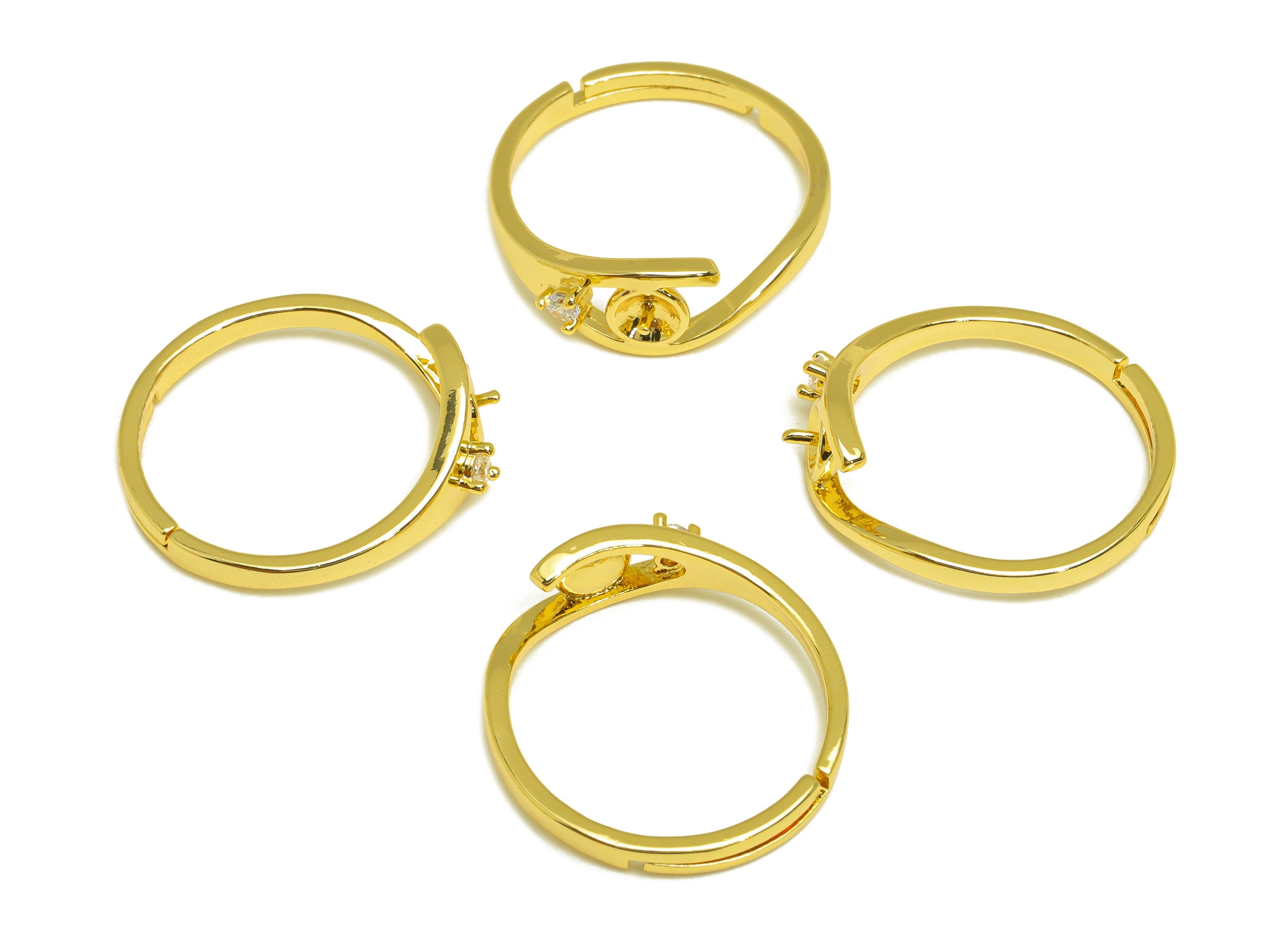 Brass CZ Adjustable Ring - Brass Mini Diamond Ring - Brass Rings For Pearl - Cubic Zircon Ring - 18K Real Gold Plating - 20x6x2mm - RGP7028 - DOMEDBAZAAR