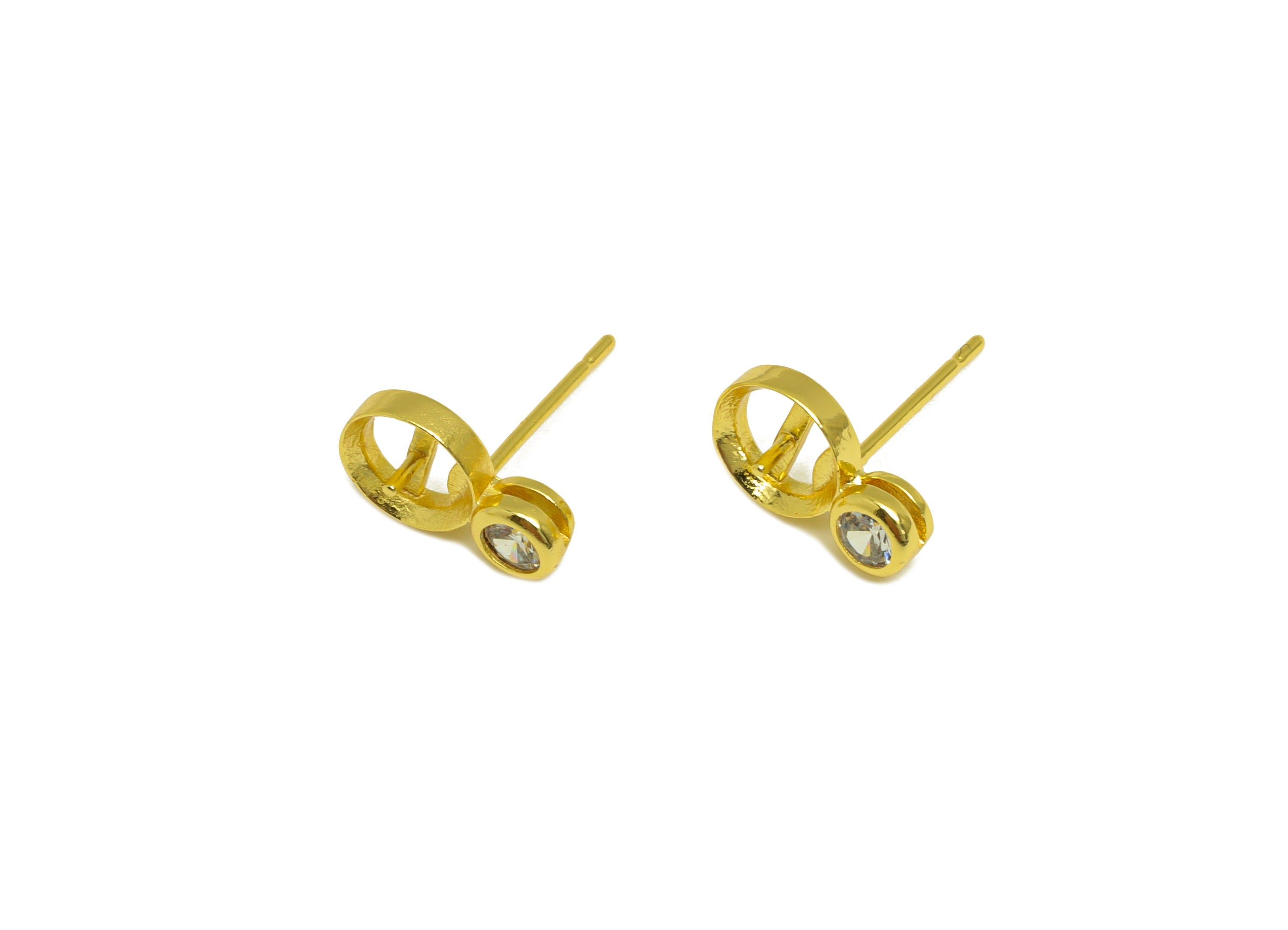 Brass Earring Stud - Brass Cubic Zircon Post For Peal - Round Earring Post - Pearl Setting - 18K Real Gold Plating - 11x6x0.8mm - RGP7038 - DOMEDBAZAAR