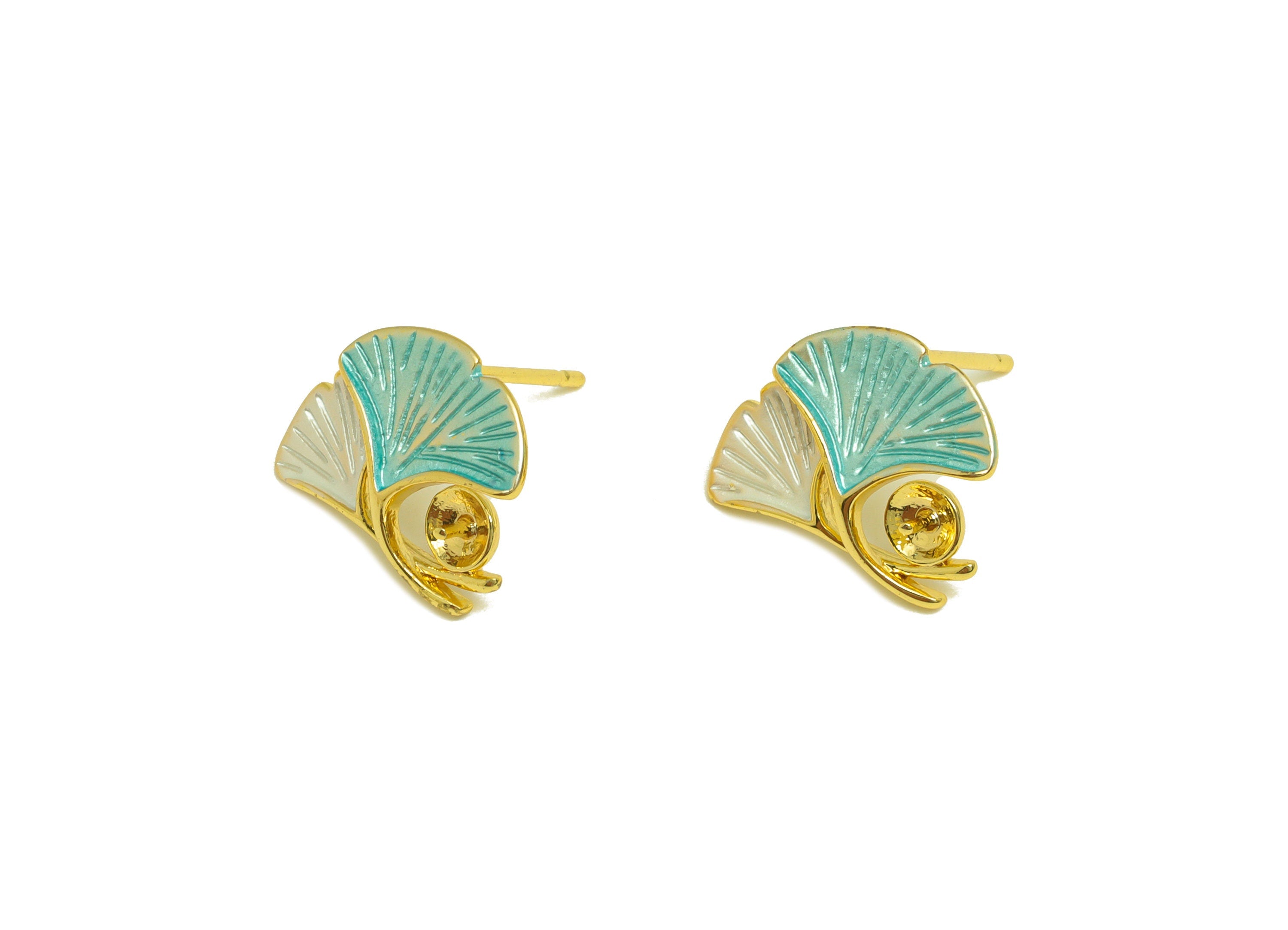Brass Ginkgo Earring Stud - Brass BlueLeaf Earring Post For Pearl - Pearl Setting - 18K Real Gold Plating - 15.22x13.32x0.73mm - RGP7036 - DOMEDBAZAAR