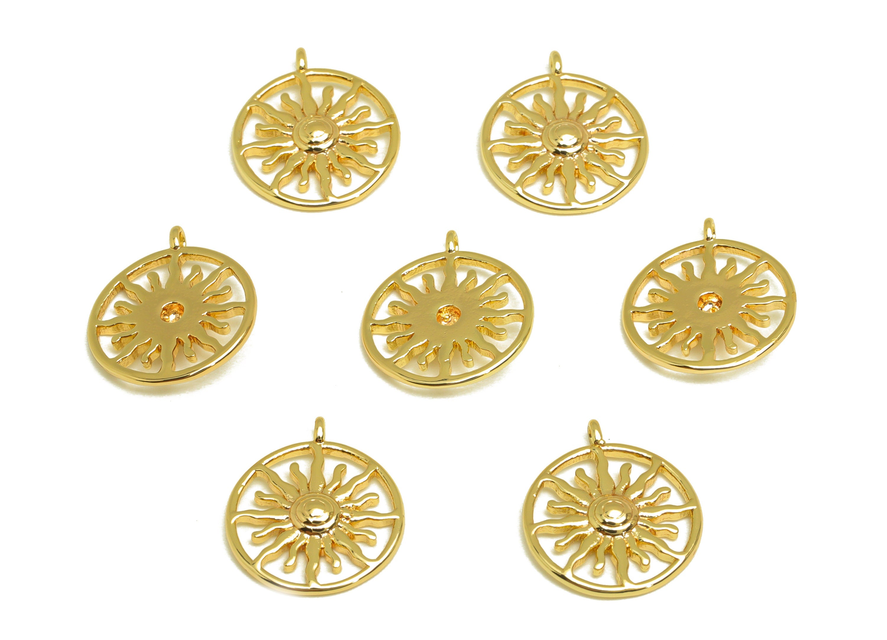Brass Sun Earring Charm - Brass Sunshine Earring Charm - Brass Round Sun Earring Charm - 18K Real Gold Plating - 15.94x13.38x2mm - RGP7072 - DOMEDBAZAAR