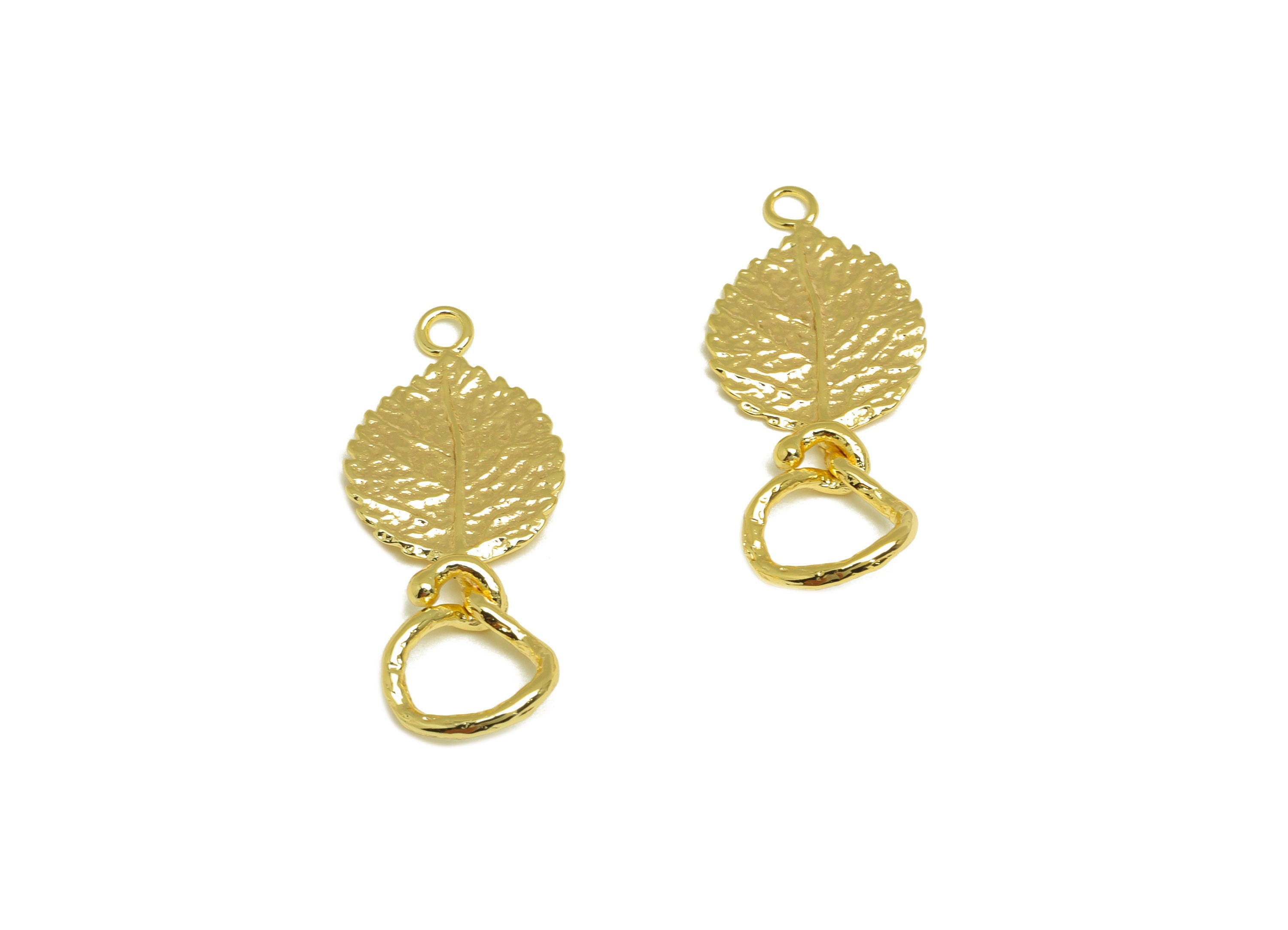 Brass Leaf Earring Charm - Brass Textured Leaf Earring Charm - Brass Leaf Knot Earring Charm - 18K Real Gold Plating - 33x13x1.8mm - RGP7071 - DOMEDBAZAAR