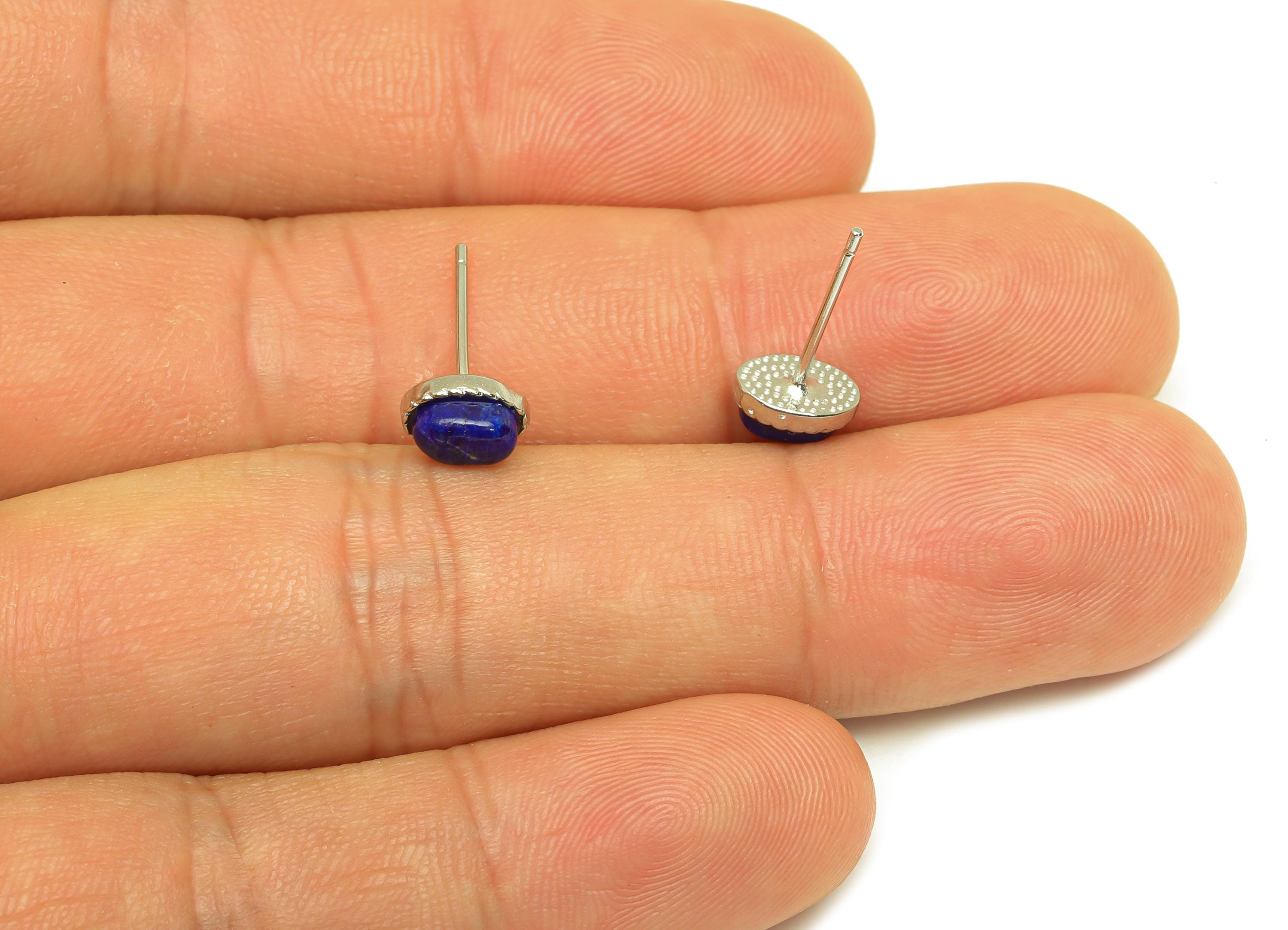 Brass Lapis Earring Stud - Brass Blue Lazuli Earring Post - Oval Earring Post - Brass Stud - Silver Tone Plating - 14.83x7x0.74mm - RGP7270 - DOMEDBAZAAR